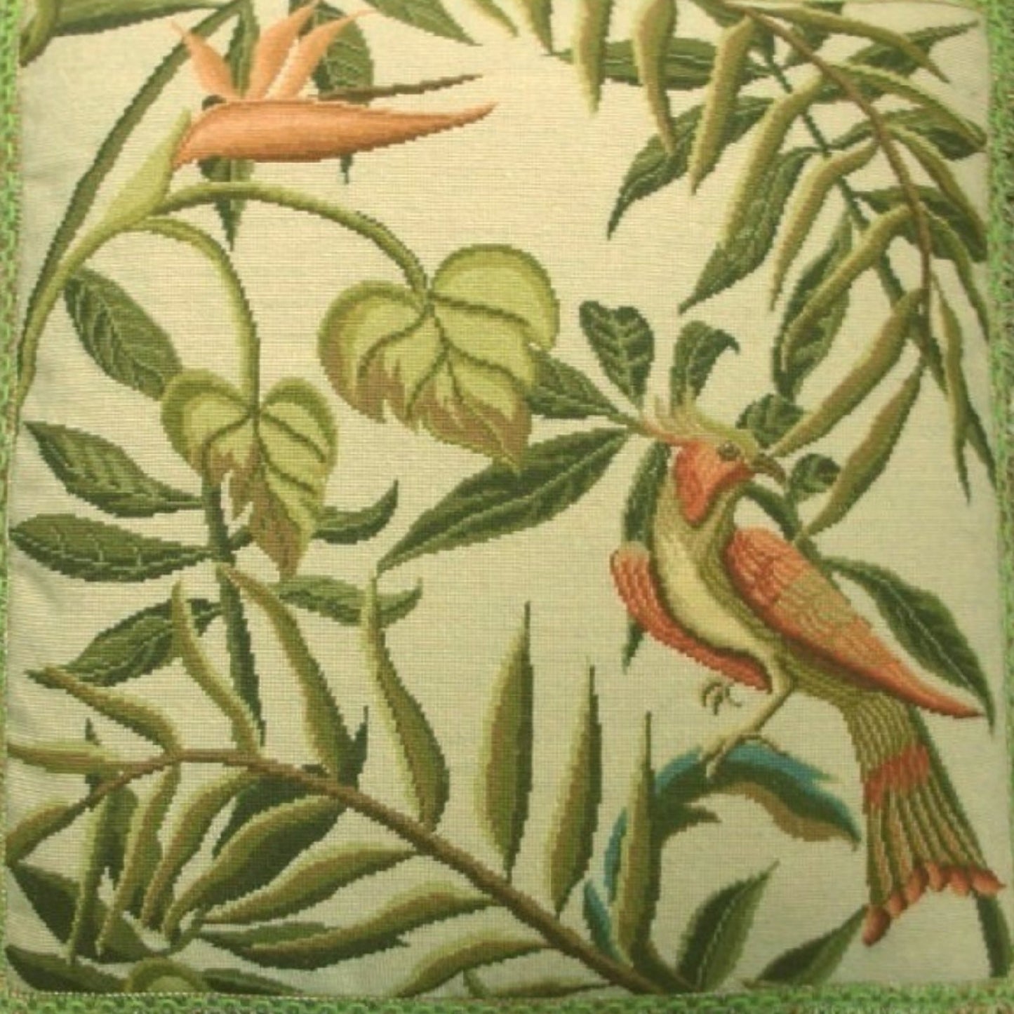 Handmade Wool Needlepoint Pillow Cover - Decorative Throw Cushion Cover - Vintage Floral Embroidery Design birds of Paradise with tassel