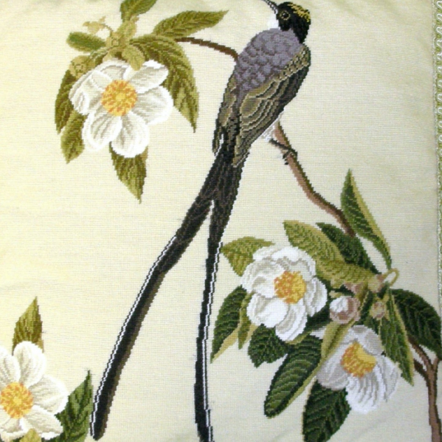 Handmade Wool Needlepoint Pillow Cover - Decorative Throw Cushion Cover - Vintage Floral Embroidery Design bird & magnolia with 2 color tassel