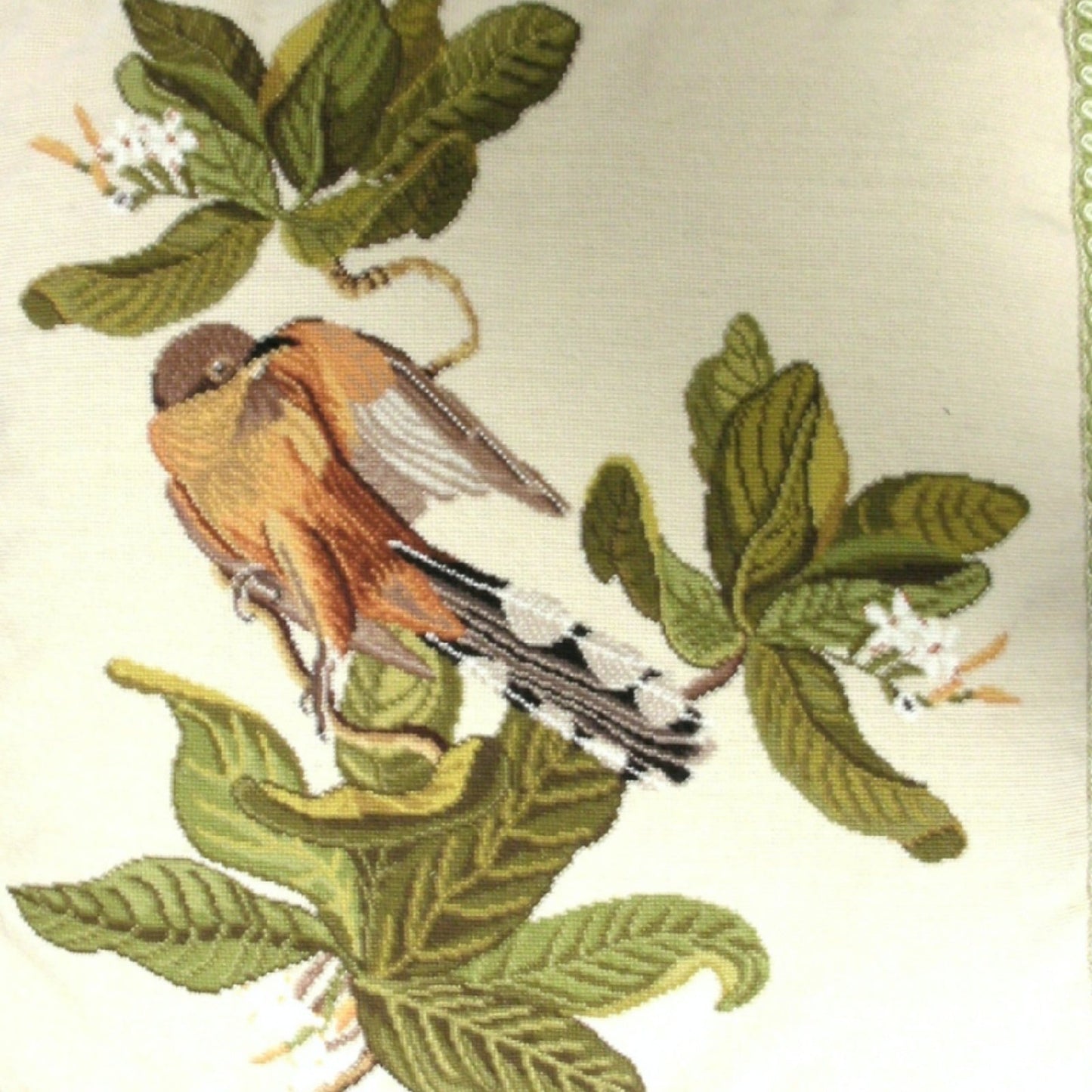 Handmade Wool Needlepoint Pillow Cover - Decorative Throw Cushion Cover - Vintage Floral Embroidery Design bird & dogwood with 2 color tassel