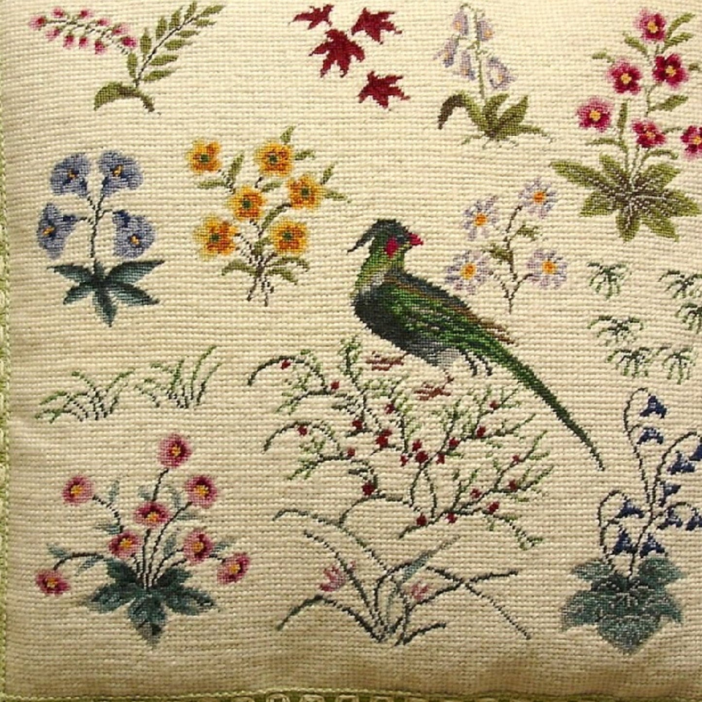 Handmade Wool Needlepoint Pillow Cover - Decorative Throw Cushion Cover - Vintage Floral Embroidery Design w/3 color tassel 2
