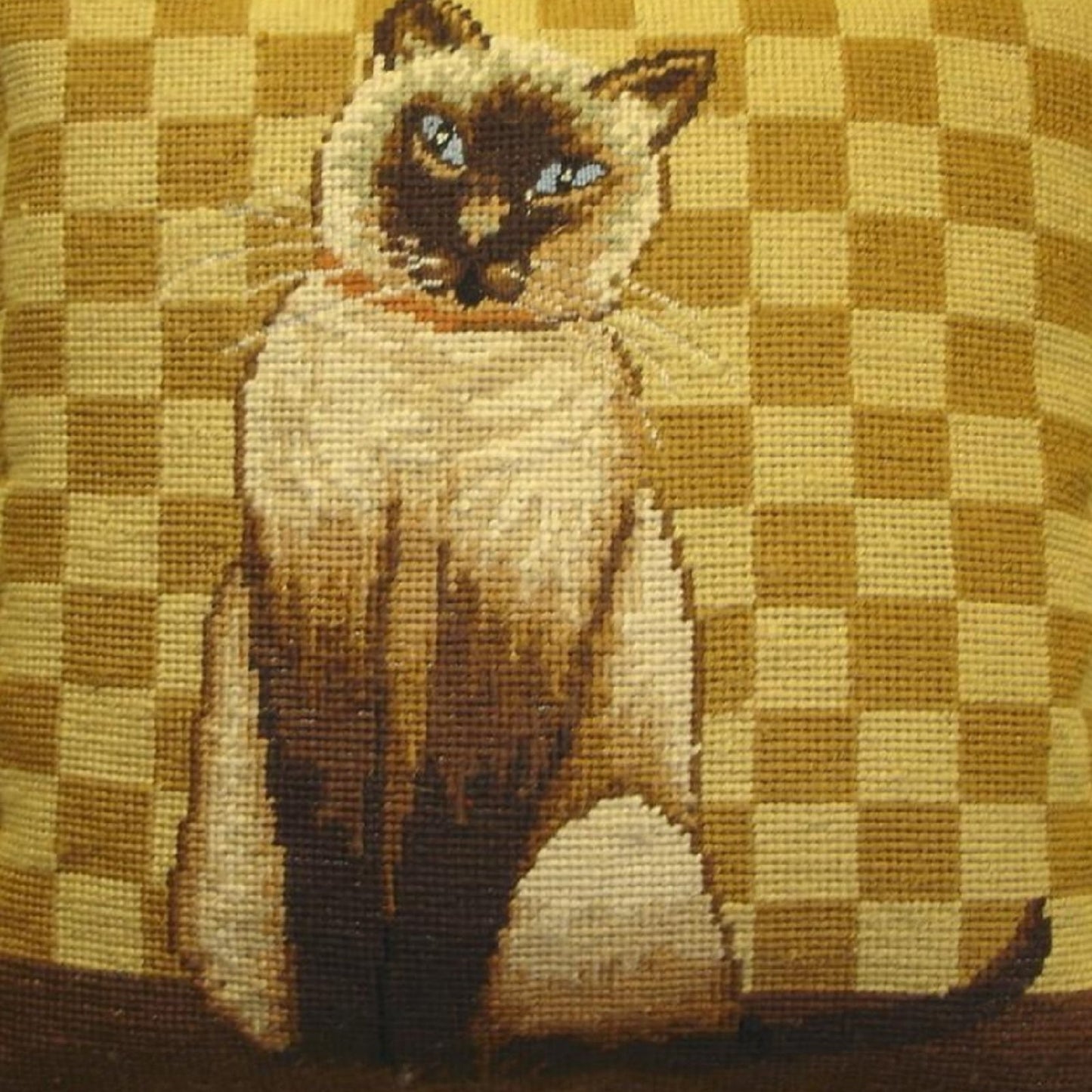 Handmade Wool Needlepoint Pillow Cover - Decorative Throw Cushion Cover - Vintage Floral Embroidery Design with badge brown cat gold checker