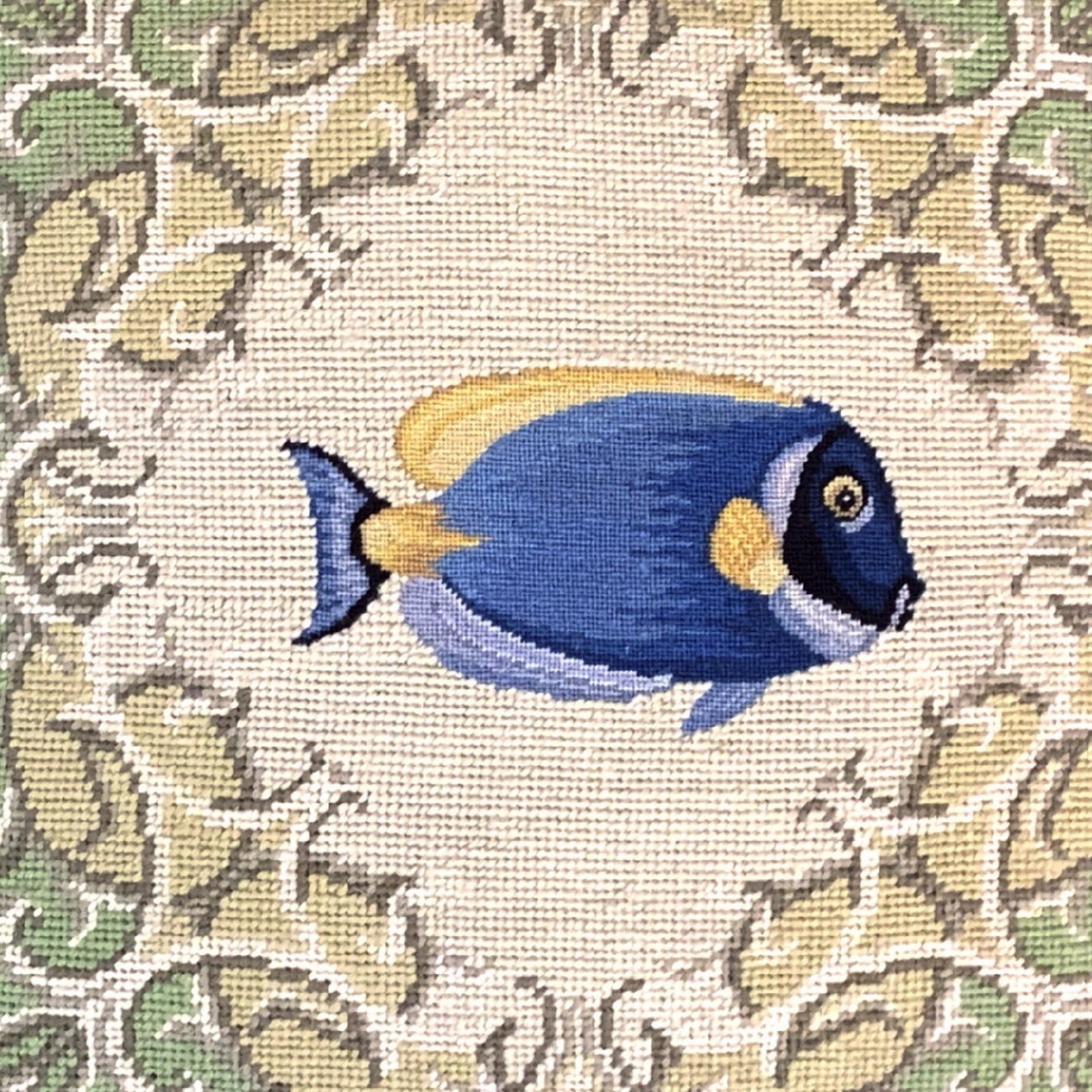 Handmade Wool Needlepoint Pillow Cover - Decorative Throw Cushion Cover - Vintage Floral Embroidery DesignFienst tropical fish - Surgeonfish with green frame checker cording
