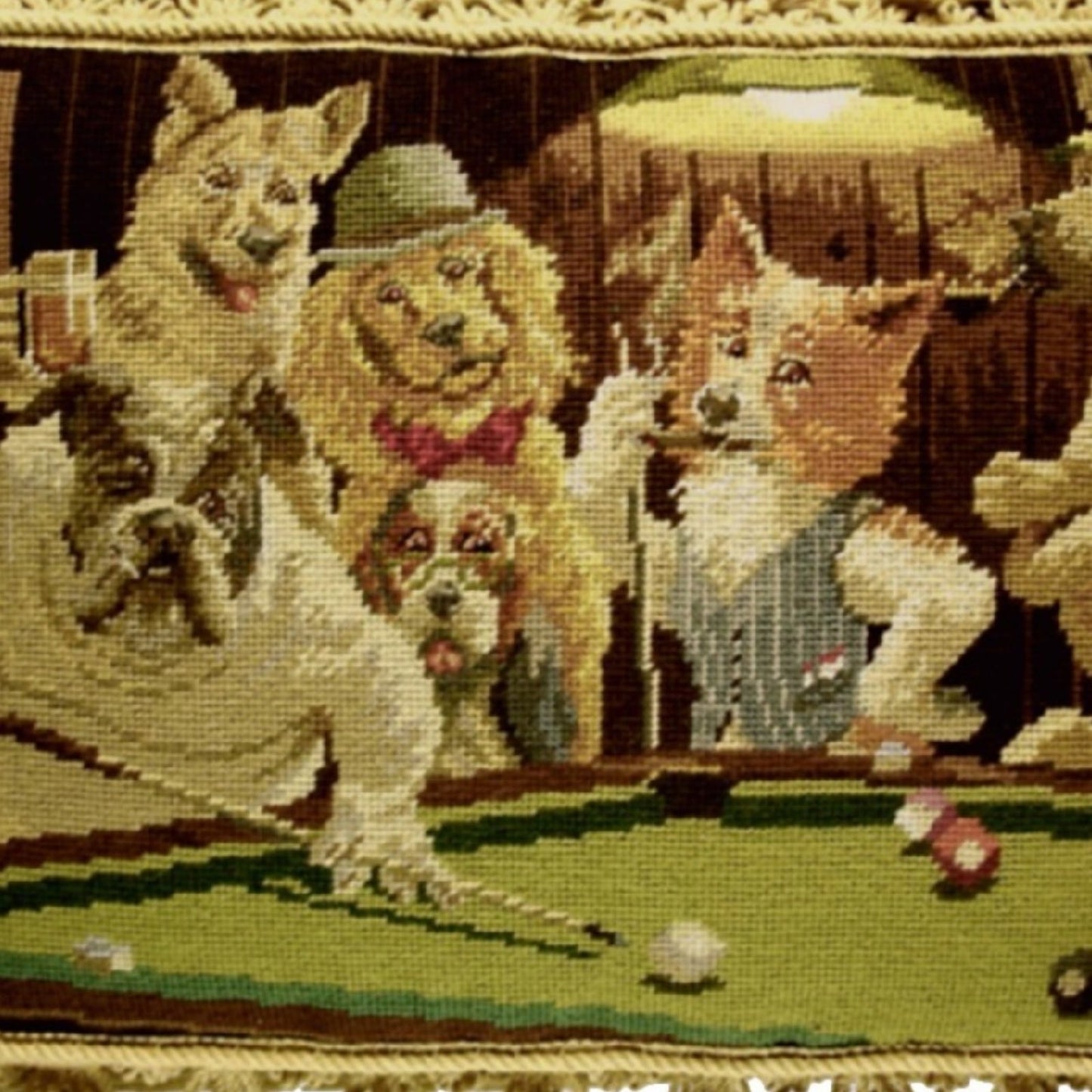 Handmade Wool Needlepoint Pillow Cover - Decorative Throw Cushion Cover - Vintage Floral Embroidery Design dogs playing pool with tassel