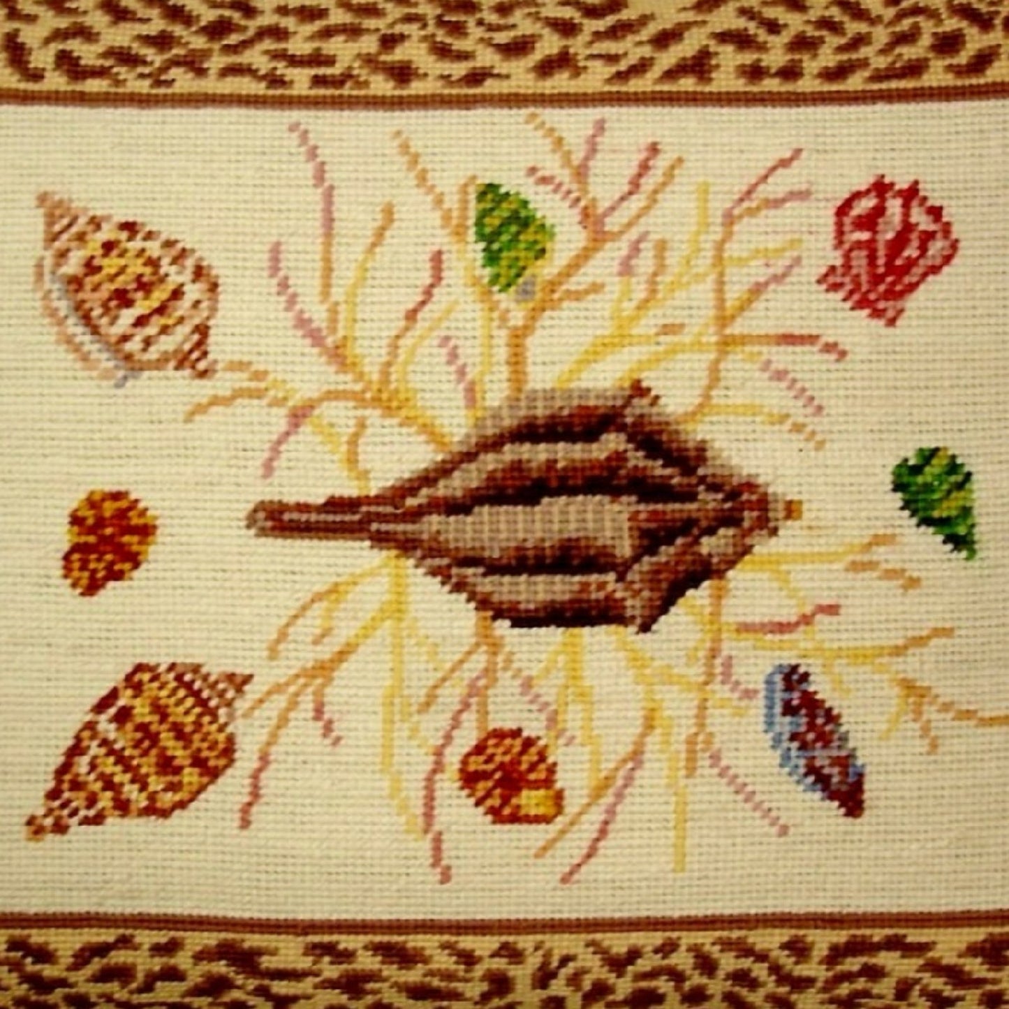 Handmade Wool Needlepoint Pillow Cover - Decorative Throw Cushion Cover - Vintage Floral Embroidery Design brown shell center animal print frame