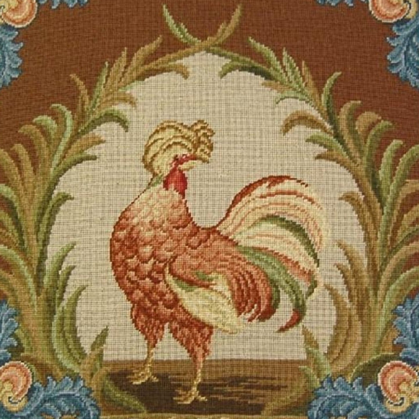 Handmade Wool Needlepoint Pillow Cover - Decorative Throw Cushion Cover - Vintage Floral Embroidery Design Old World gallinaceous game bird -partridge looking back with tassels 1
