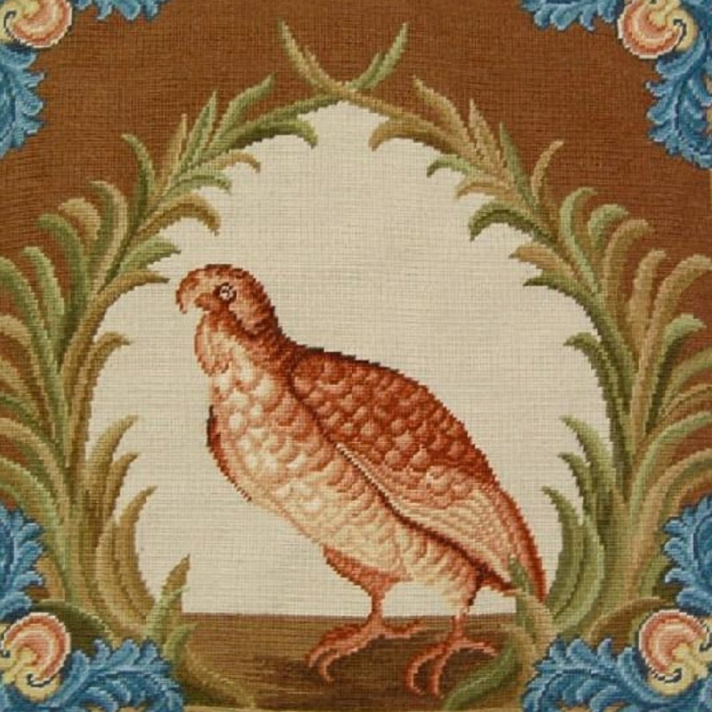 Handmade Wool Needlepoint Pillow Cover - Decorative Throw Cushion Cover - Vintage Floral Embroidery Design Old World gallinaceous game bird -partridge looking forward with tassels2