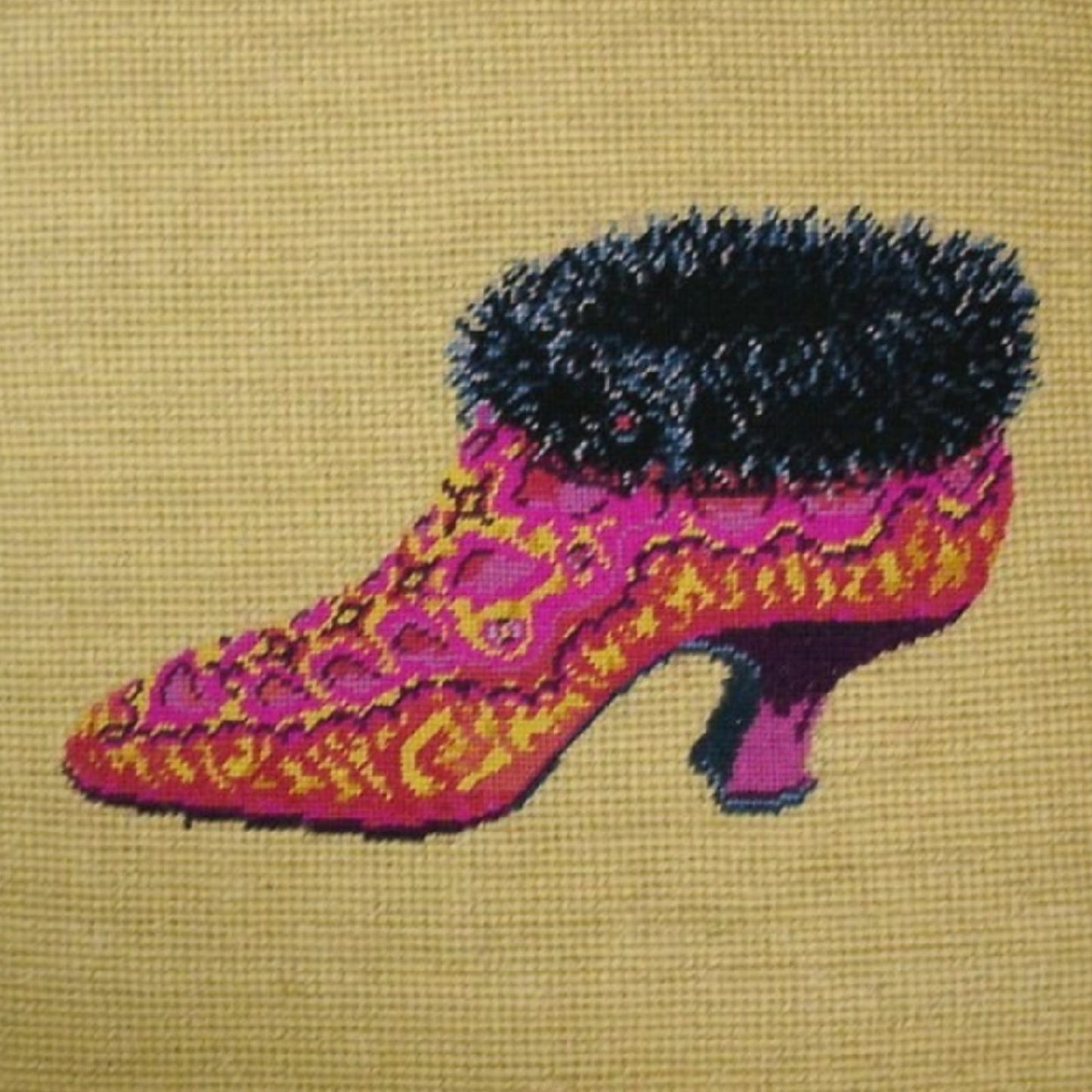 Handmade Wool Needlepoint Pillow Cover - Decorative Throw Cushion Cover - Vintage Floral Embroidery Design fur shoe yellow background with 2 color cording