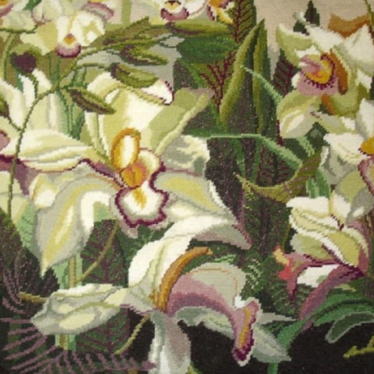 Handmade Wool Needlepoint Pillow Cover - Decorative Throw Cushion Cover - Vintage Floral Embroidery Design Iris in shade of ivory, pink purple, yellow green, with green tassels