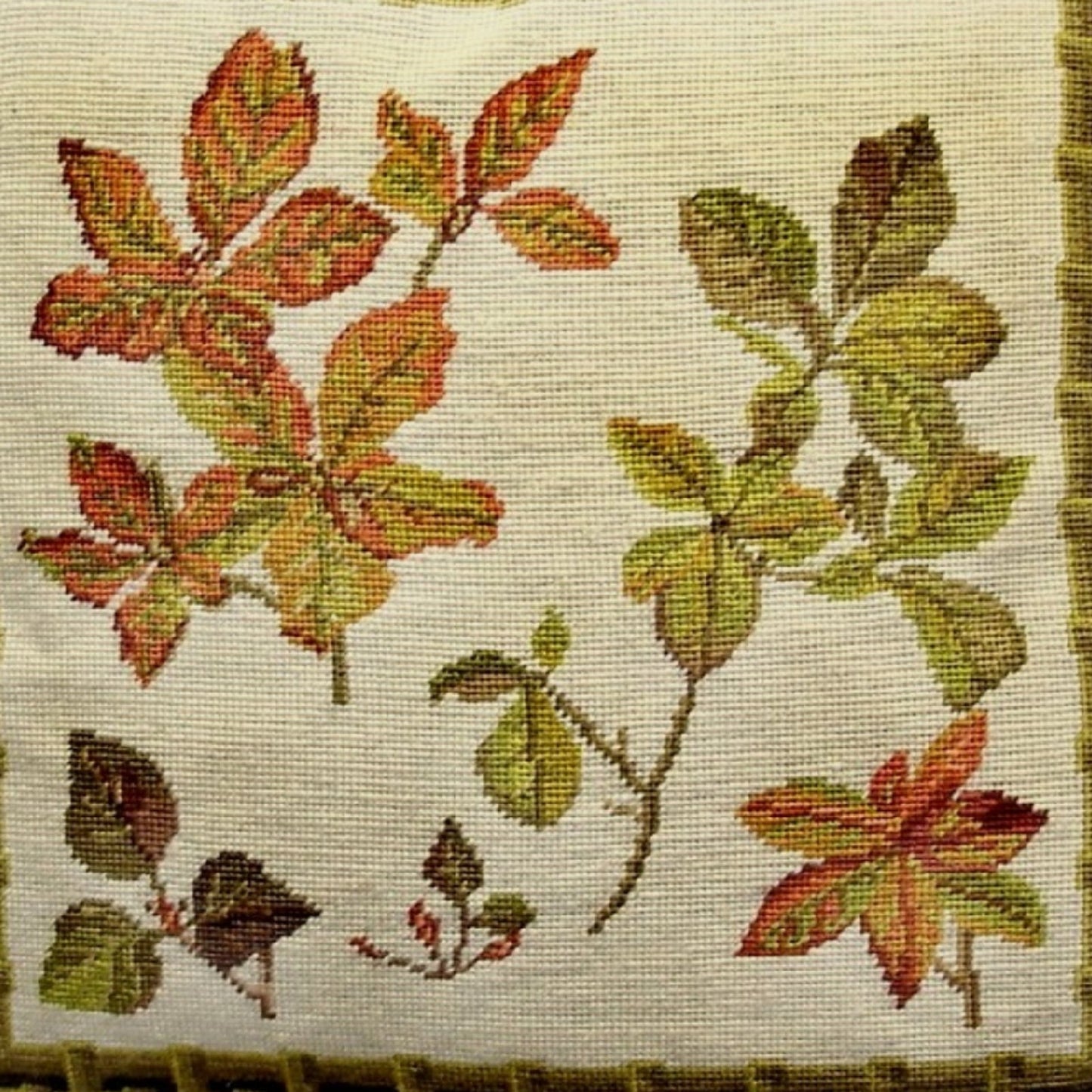 Handmade Wool Needlepoint Pillow Cover - Decorative Throw Cushion Cover - Vintage Floral Embroidery Design leaves bamboo frame with 3 color tassel