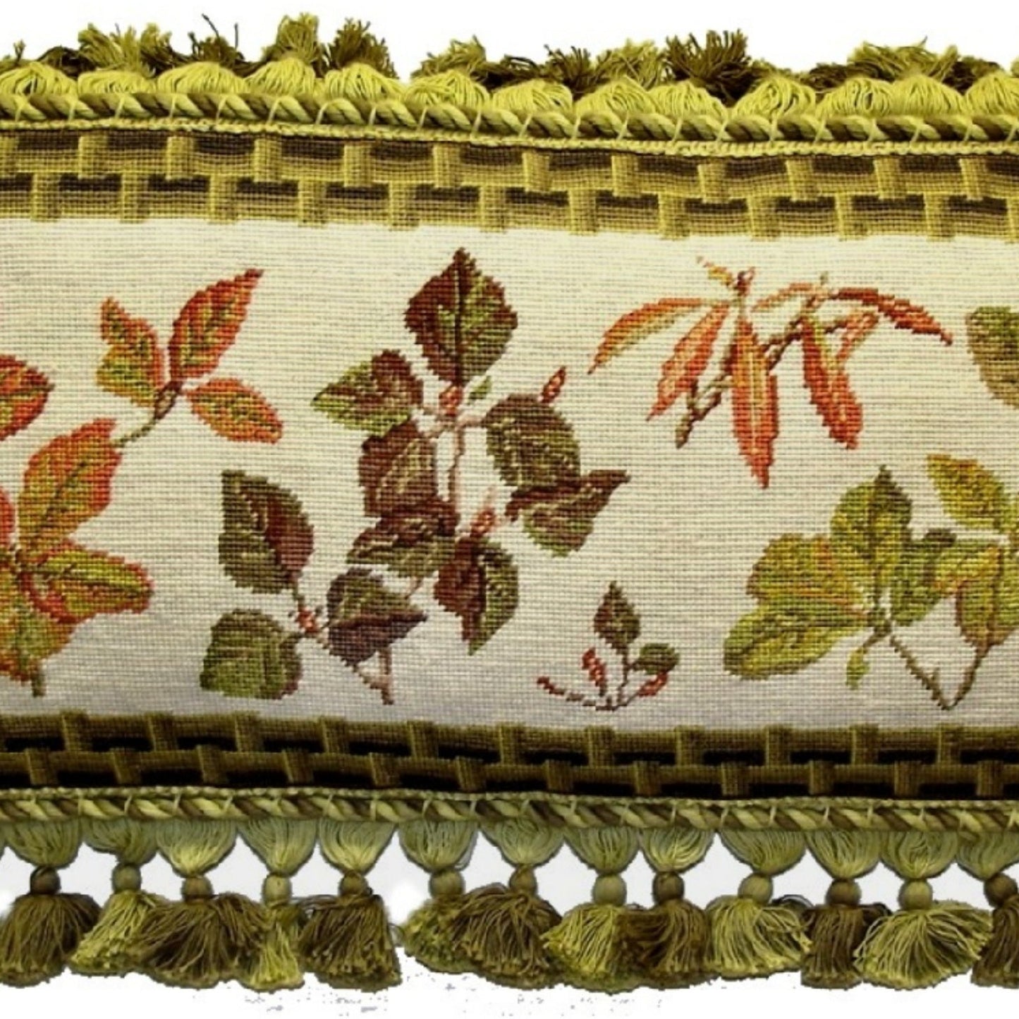 Handmade Wool Needlepoint Pillow Cover - Decorative Throw Cushion Cover - Vintage Floral Embroidery Design leaves with brown bamboo frame 3 color tassels 1