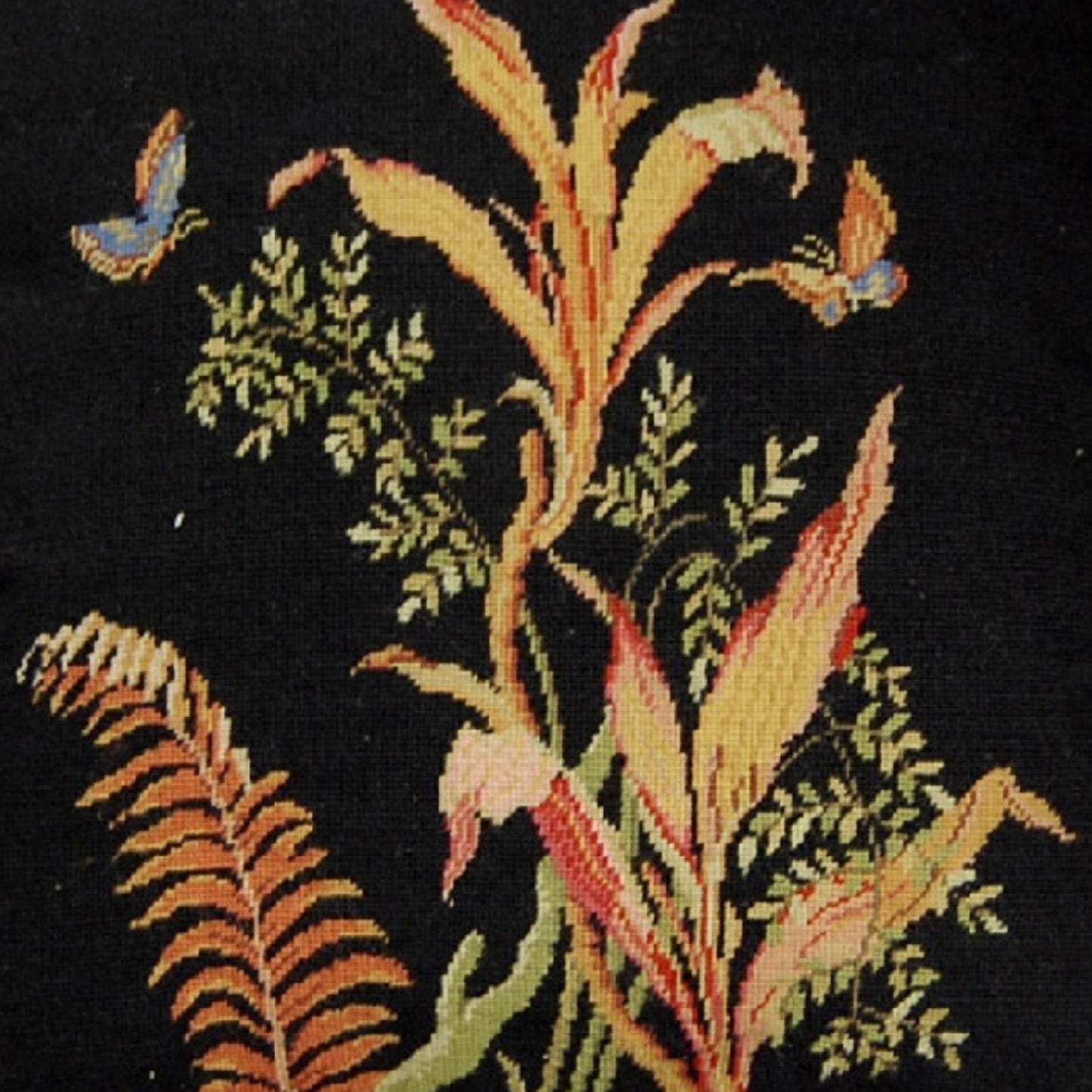 Handmade Wool Needlepoint Pillow Cover - Decorative Throw Cushion Cover - Vintage Floral Embroidery Design tropical fern 2 blue butterflies black background with tassels