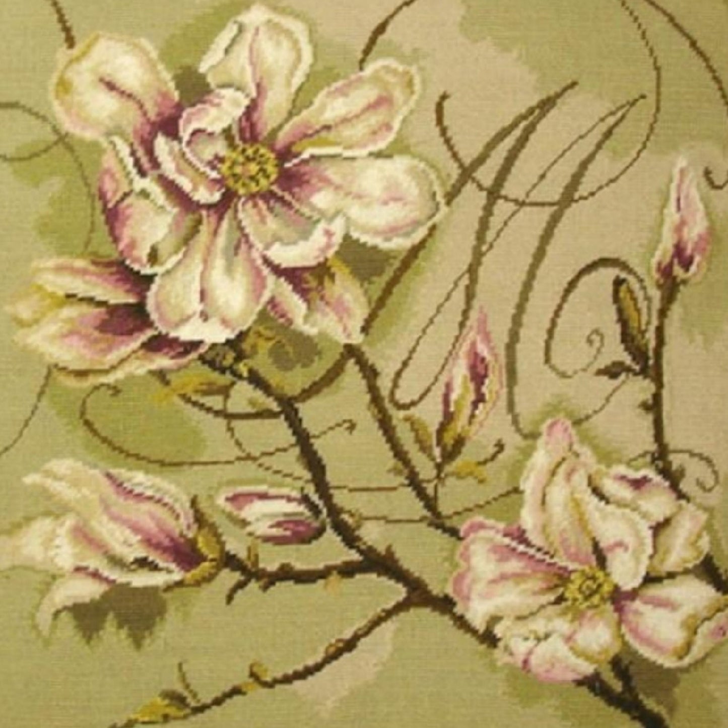 Handmade Wool Needlepoint Pillow Cover - Decorative Throw Cushion Cover - Vintage Floral Embroidery Design Kathryn White designMagnolia Trumeau with tassel