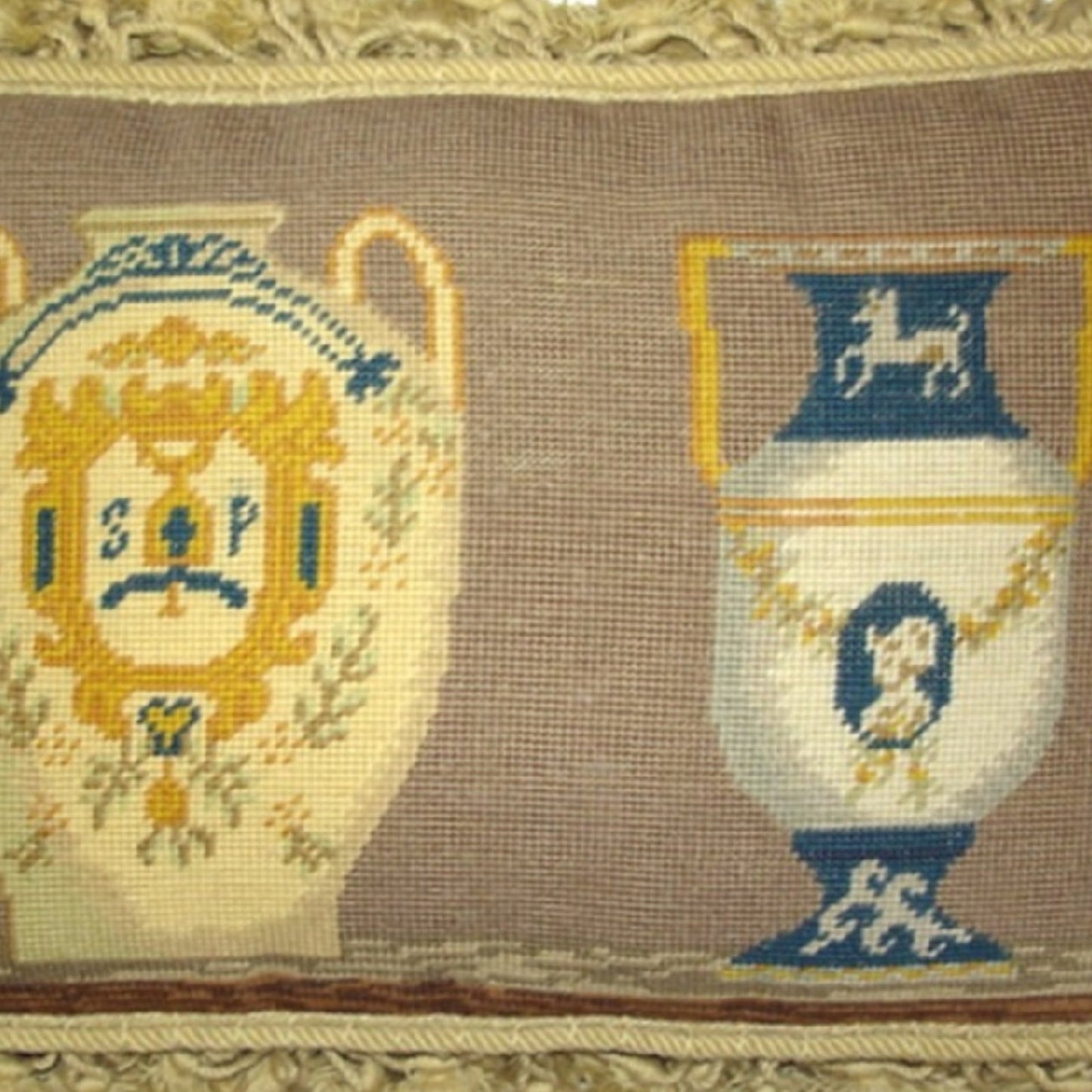 Handmade Wool Needlepoint Pillow Cover - Decorative Throw Cushion Cover - Vintage Floral Embroidery Design French antique Napoleon Bonaparte vases with tassels