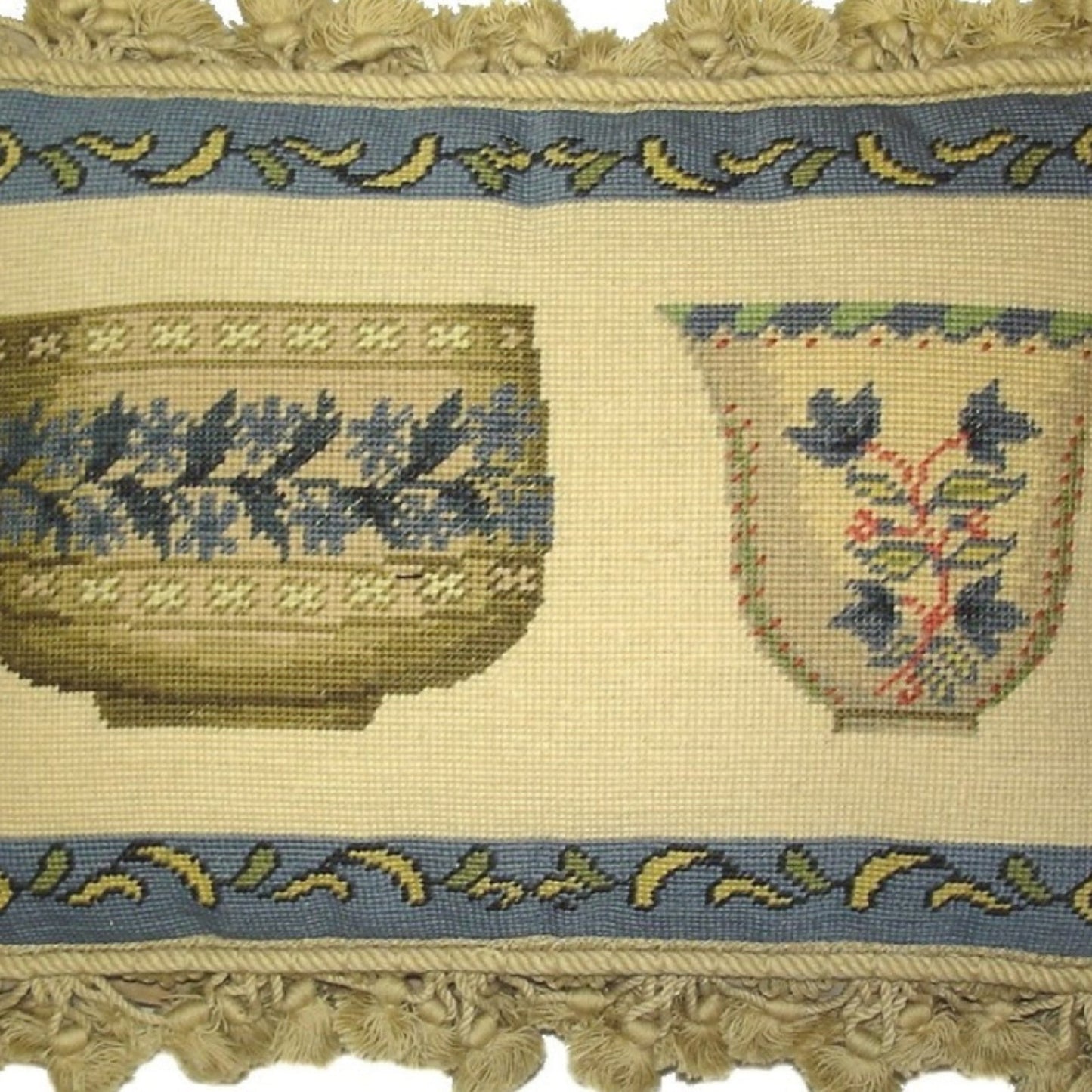 Handmade Wool Needlepoint Pillow Cover - Decorative Throw Cushion Cover - Vintage Floral Embroidery Design French antique bowl set with tassels