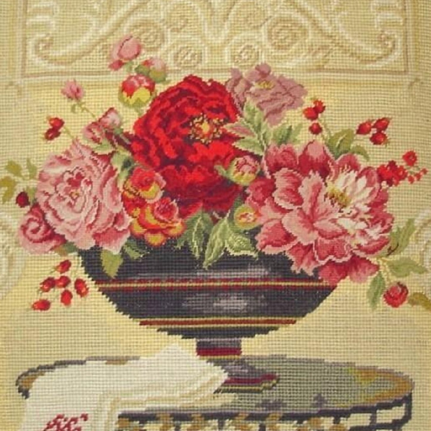 Handmade Wool Needlepoint Pillow Cover - Decorative Throw Cushion Cover - Vintage Floral Embroidery Design Kathryn White Design a