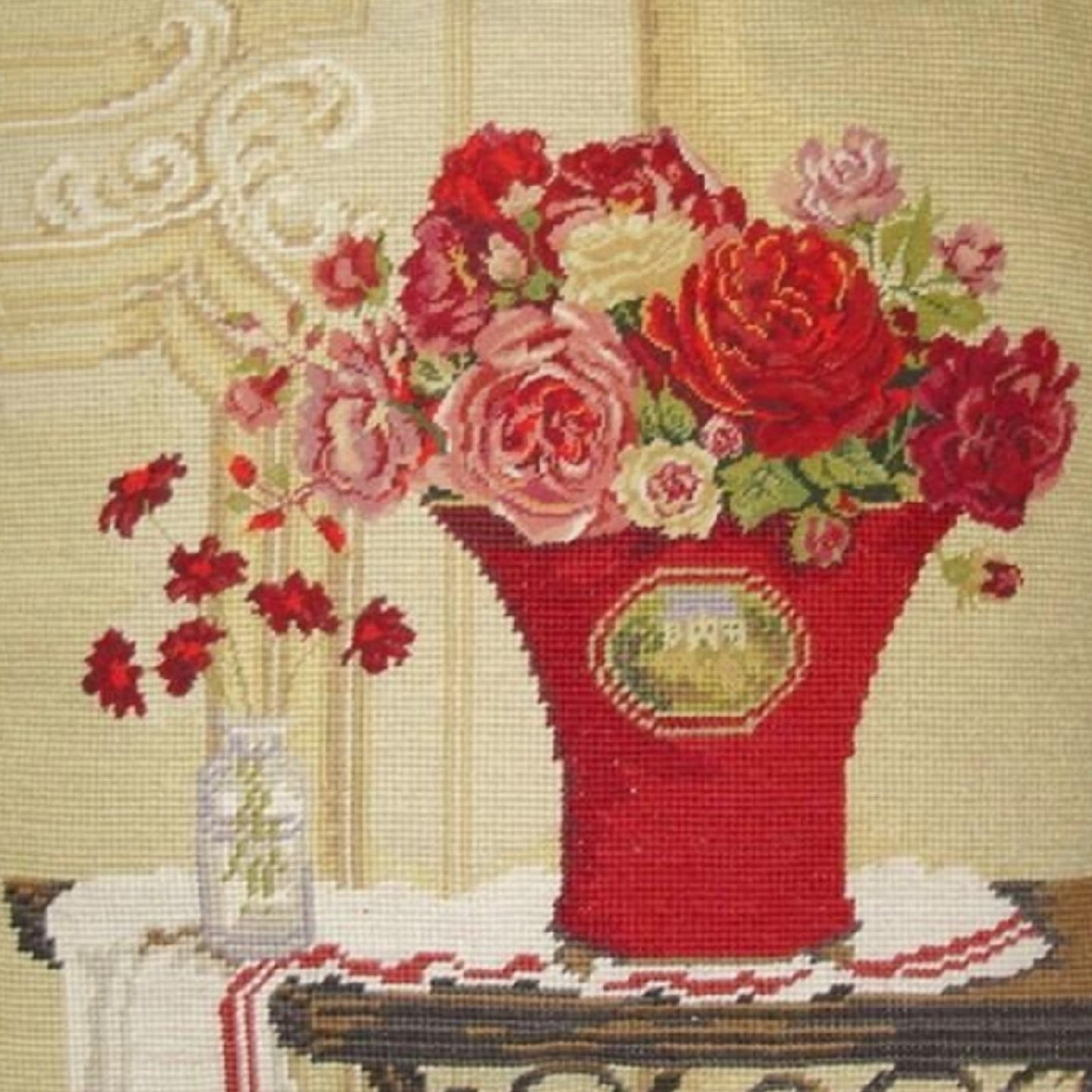 Handmade Wool Needlepoint Pillow Cover - Decorative Throw Cushion Cover - Vintage Floral Embroidery Design Kathryn White Design b