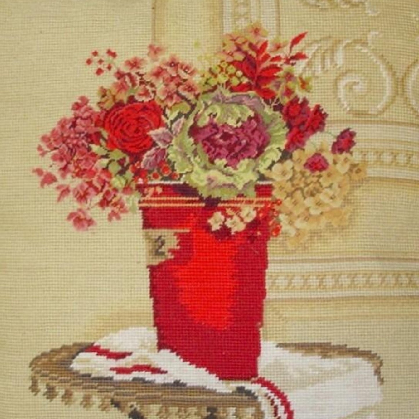 Handmade Wool Needlepoint Pillow Cover - Decorative Throw Cushion Cover - Vintage Floral Embroidery Design Kathryn White Design c