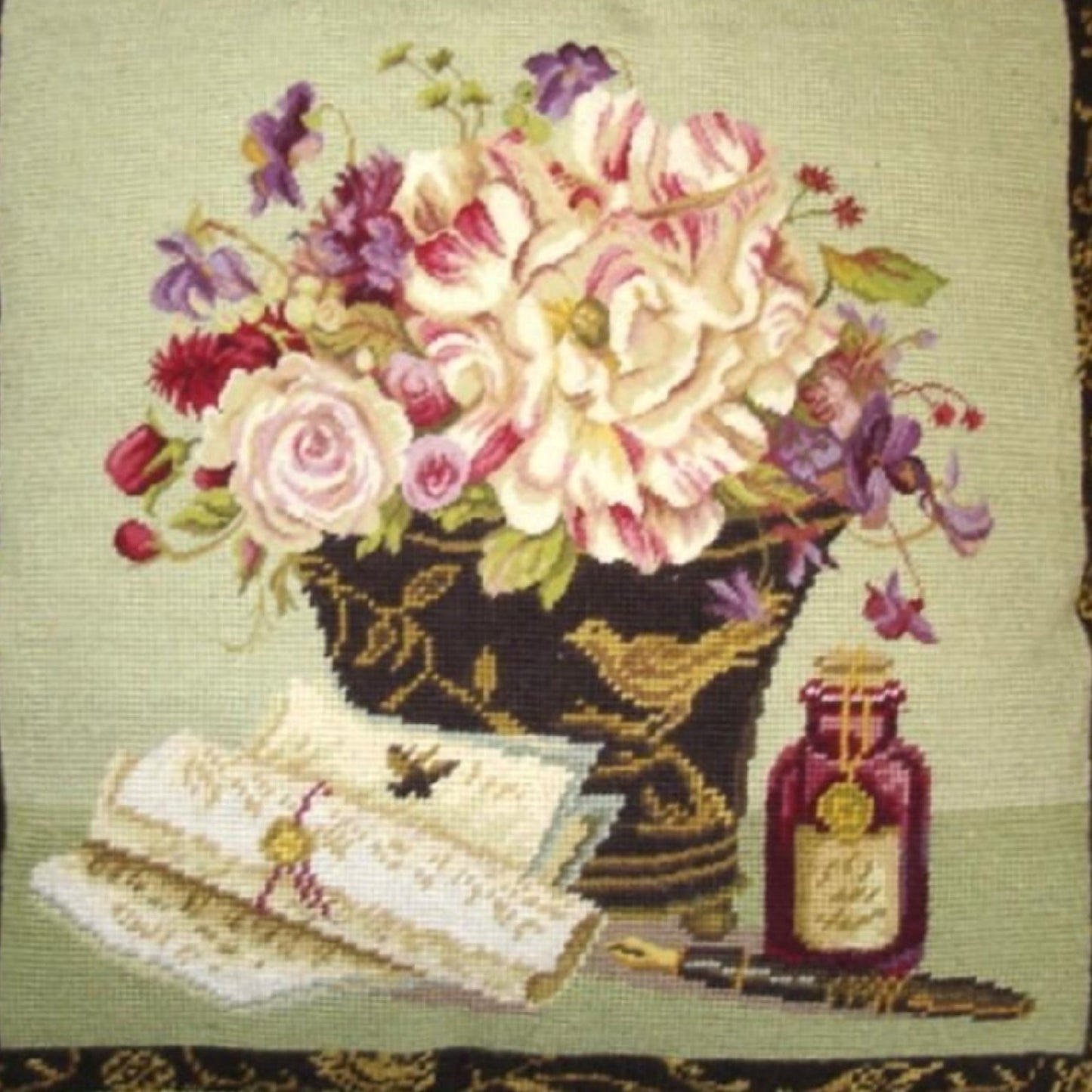 Handmade Wool Needlepoint Pillow Cover - Decorative Throw Cushion Cover - Vintage Floral Embroidery Design Kathryn White Design g