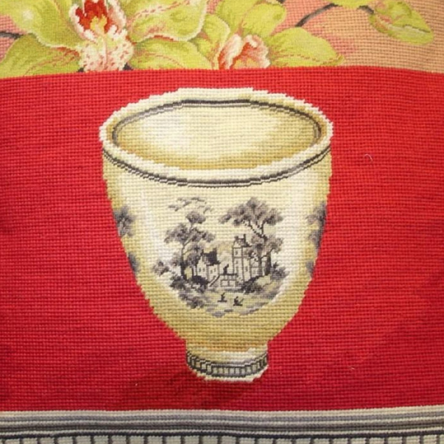 Handmade Wool Needlepoint Pillow Cover - Decorative Throw Cushion Cover - Vintage Floral Embroidery Design Kathryn White Design O