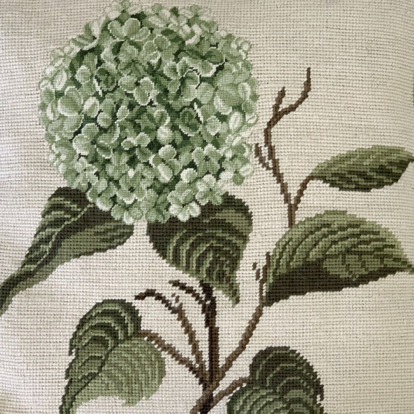 Handmade Wool Needlepoint Pillow Cover - Decorative Throw Cushion Cover - Vintage Floral Embroidery Design green hydrangea with green/white tassels