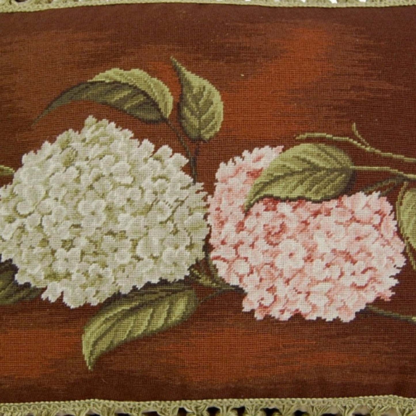 Handmade Wool Needlepoint Pillow Cover - Decorative Throw Cushion Cover - Vintage Floral Embroidery Design brown background pink & green hydrangea with tassels