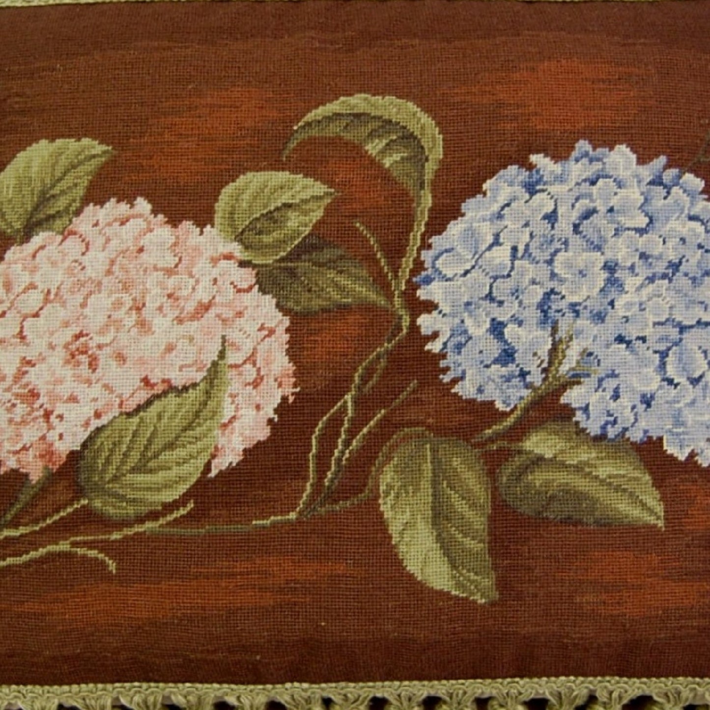 Handmade Wool Needlepoint Pillow Cover - Decorative Throw Cushion Cover - Vintage Floral Embroidery Design brown background pink & blue hydrangea with tassels