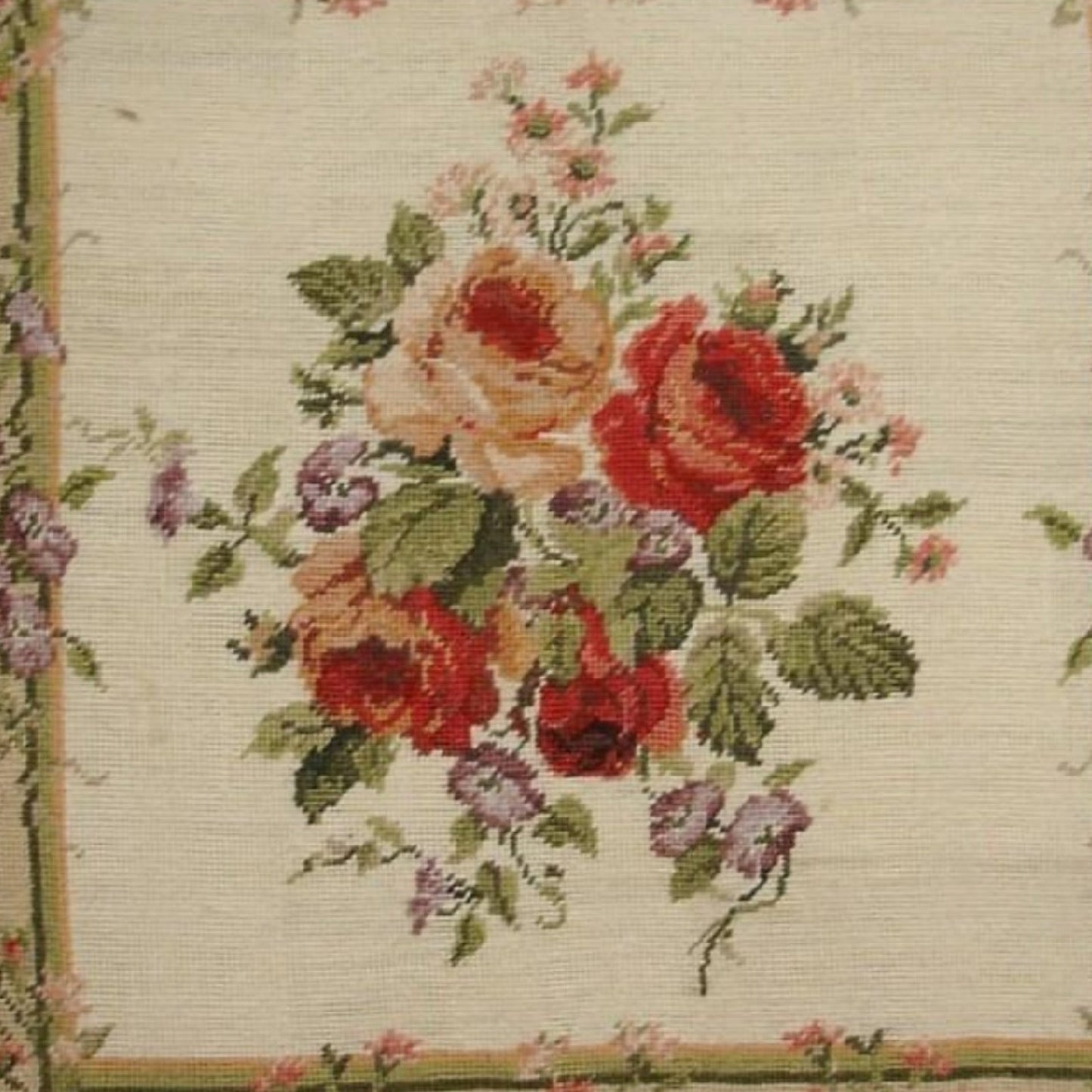 Handmade Wool Needlepoint Pillow Cover - Decorative Throw Cushion Cover - Vintage Floral Embroidery Design center roses small flowers around board 2 color back & tassel