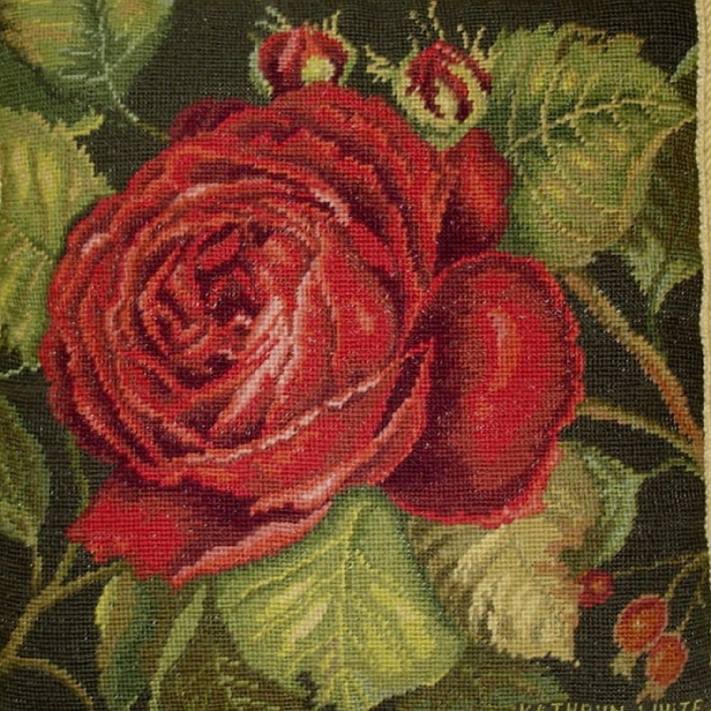 Handmade Wool Needlepoint Pillow Cover - Decorative Throw Cushion Cover - Vintage Floral Embroidery Design Kathryn White designRose Rouge, Grosspoint