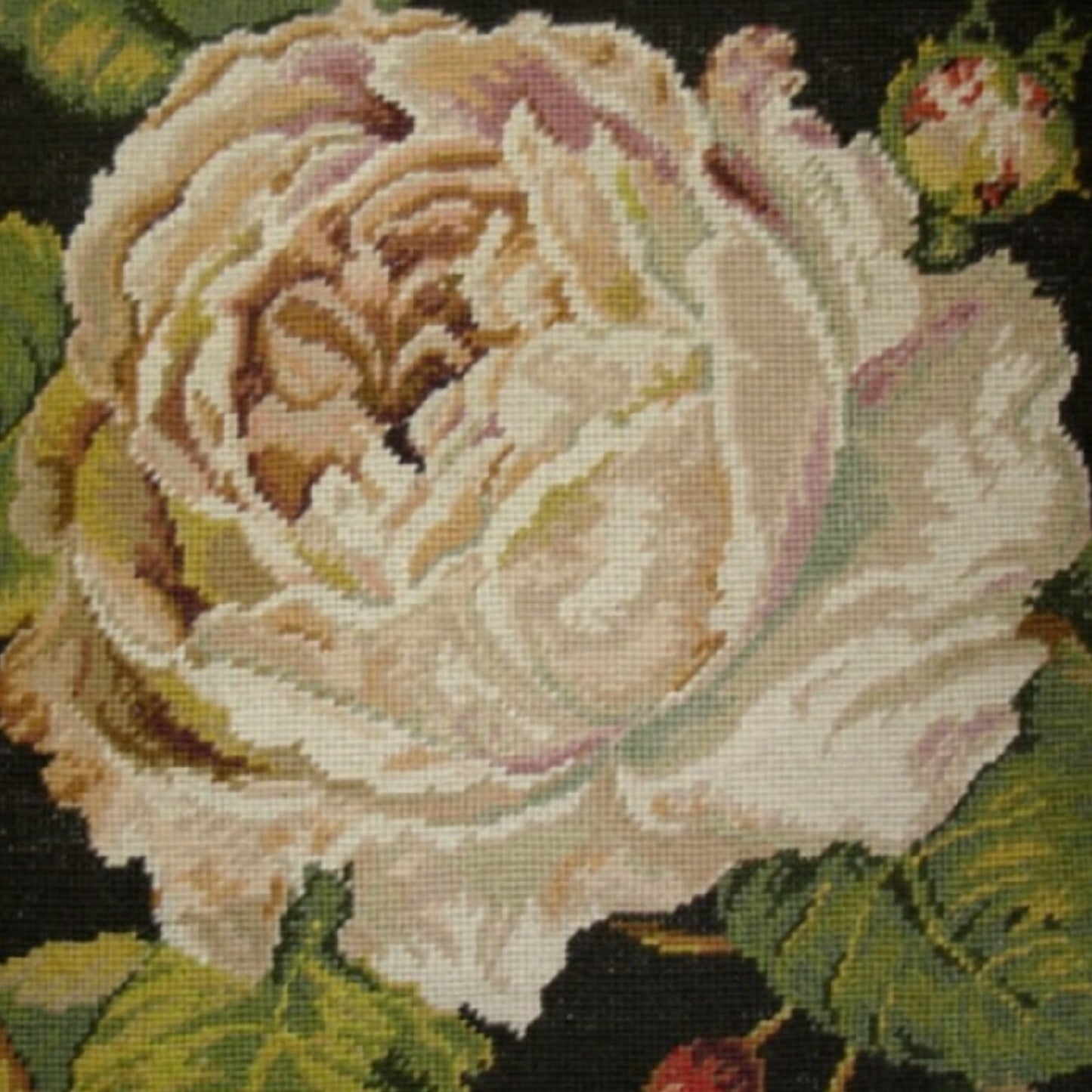 Handmade Wool Needlepoint Pillow Cover - Decorative Throw Cushion Cover - Vintage Floral Embroidery Design Kathryn White designRose Blanche, grosspoint