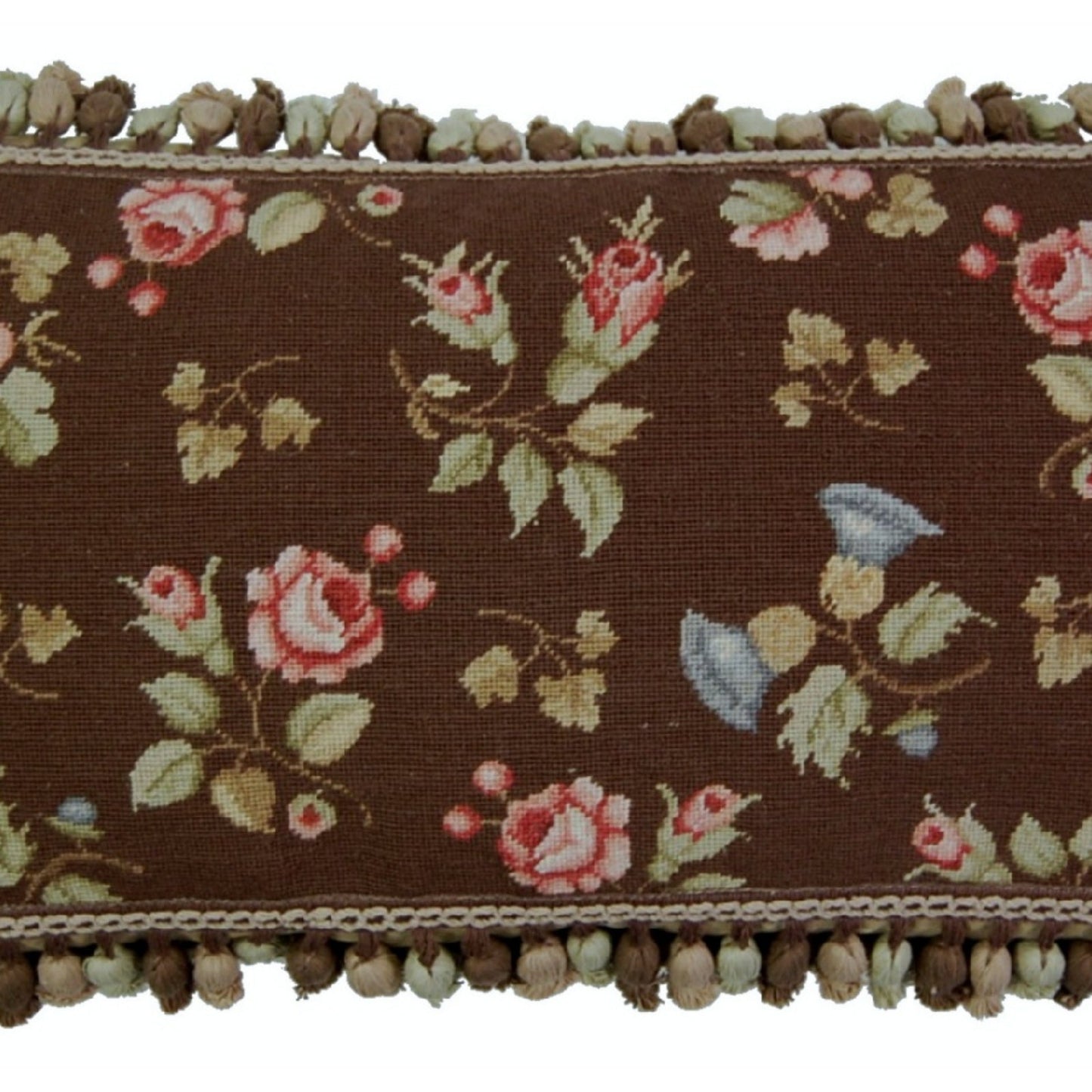 Handmade Wool Needlepoint Pillow Cover - Decorative Throw Cushion Cover - Vintage Floral Embroidery Design pink roses brown back with tassels
