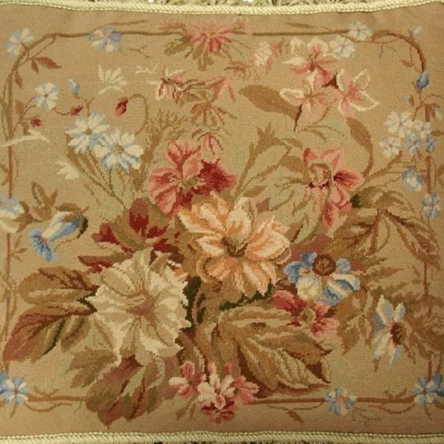 Handmade Wool Needlepoint Pillow Cover - Decorative Throw Cushion Cover - Vintage Floral Embroidery Design antique floral with nature tassel