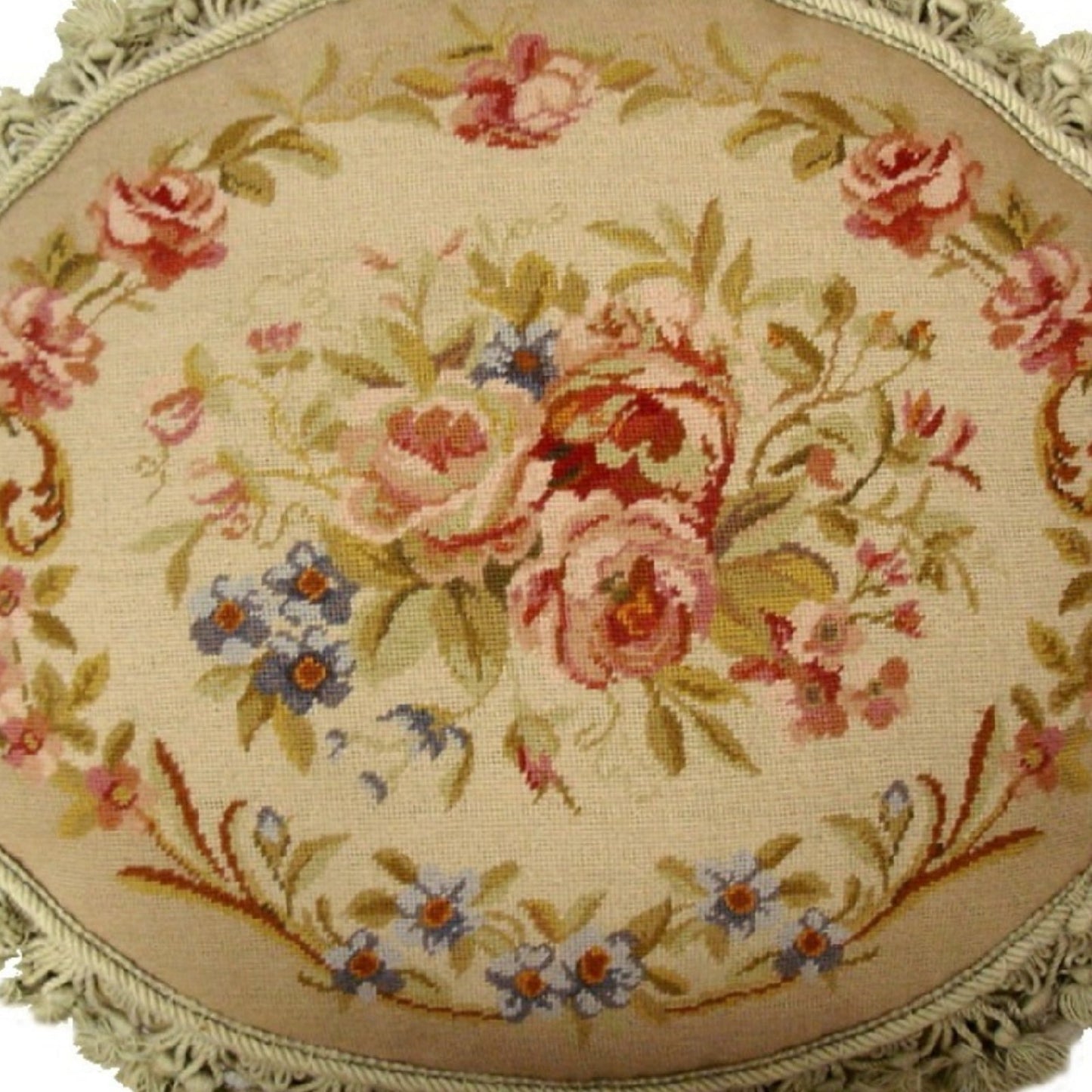 Handmade Wool Needlepoint Pillow Cover - Decorative Throw Cushion Cover - Vintage Floral Embroidery Design oval pillow antique roses bage background nature tassels
