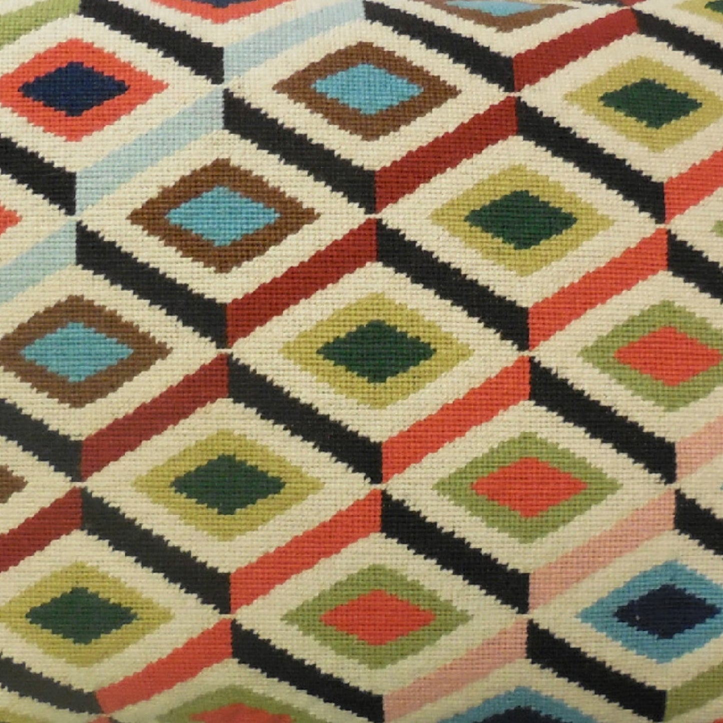 Handmade Wool Needlepoint Pillow Cover - Decorative Throw Cushion Cover - Vintage Floral Embroidery Design Grosspont multi-color 3D squares checker cording