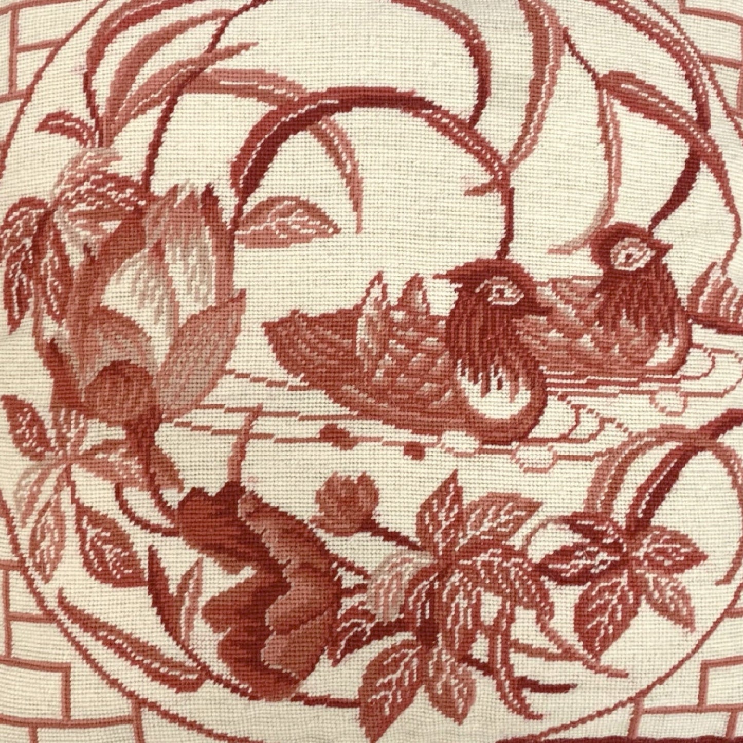 Handmade Wool Needlepoint Pillow Cover - Decorative Throw Cushion Cover - Vintage Floral Embroidery Design red Mandarin Ducks lotus flower with tassels