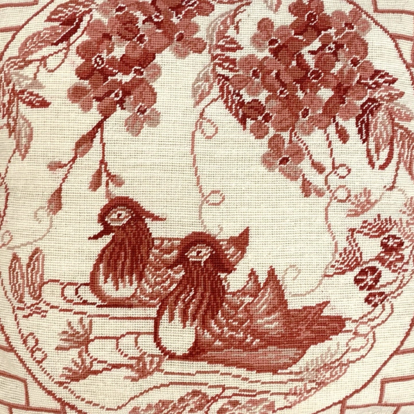 Handmade Wool Needlepoint Pillow Cover - Decorative Throw Cushion Cover - Vintage Floral Embroidery Design red Manderain Ducks plum flowers with tassels