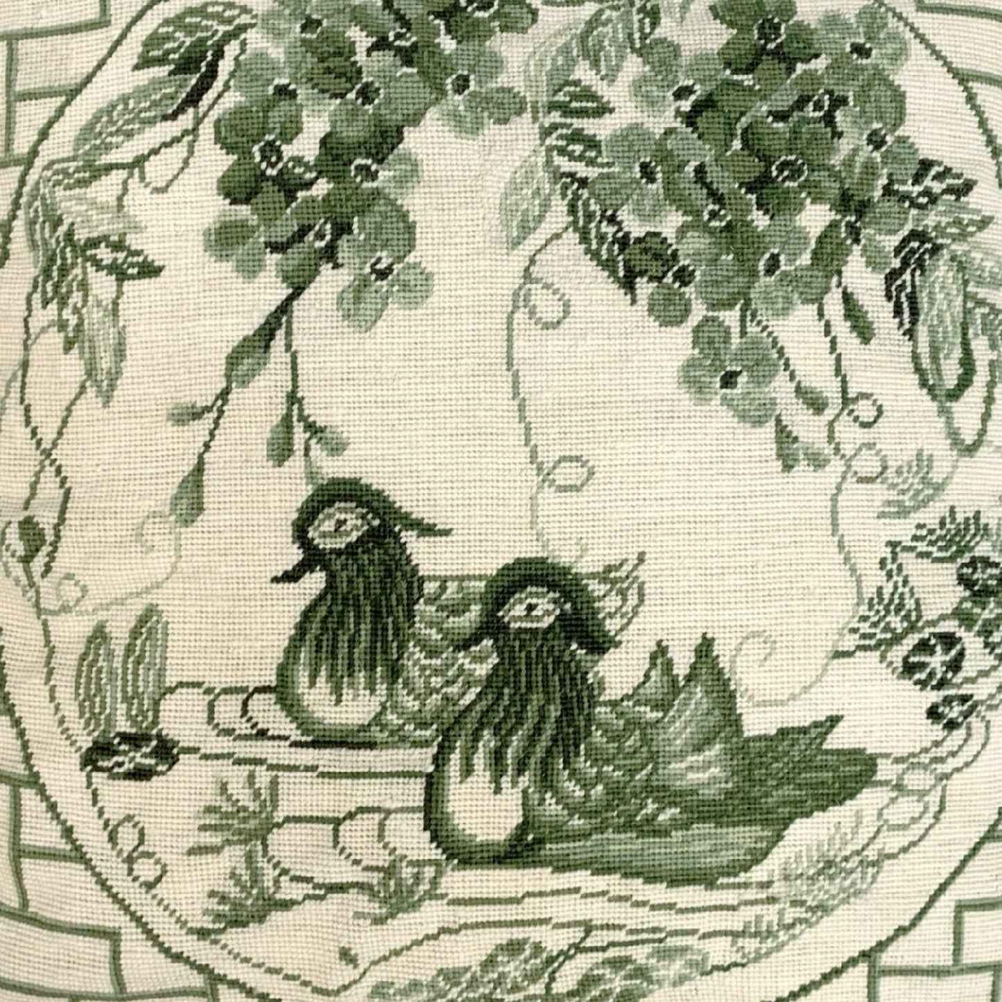 Handmade Wool Needlepoint Pillow Cover - Decorative Throw Cushion Cover - Vintage Floral Embroidery Design green Manderain Ducks plum flower with tassels