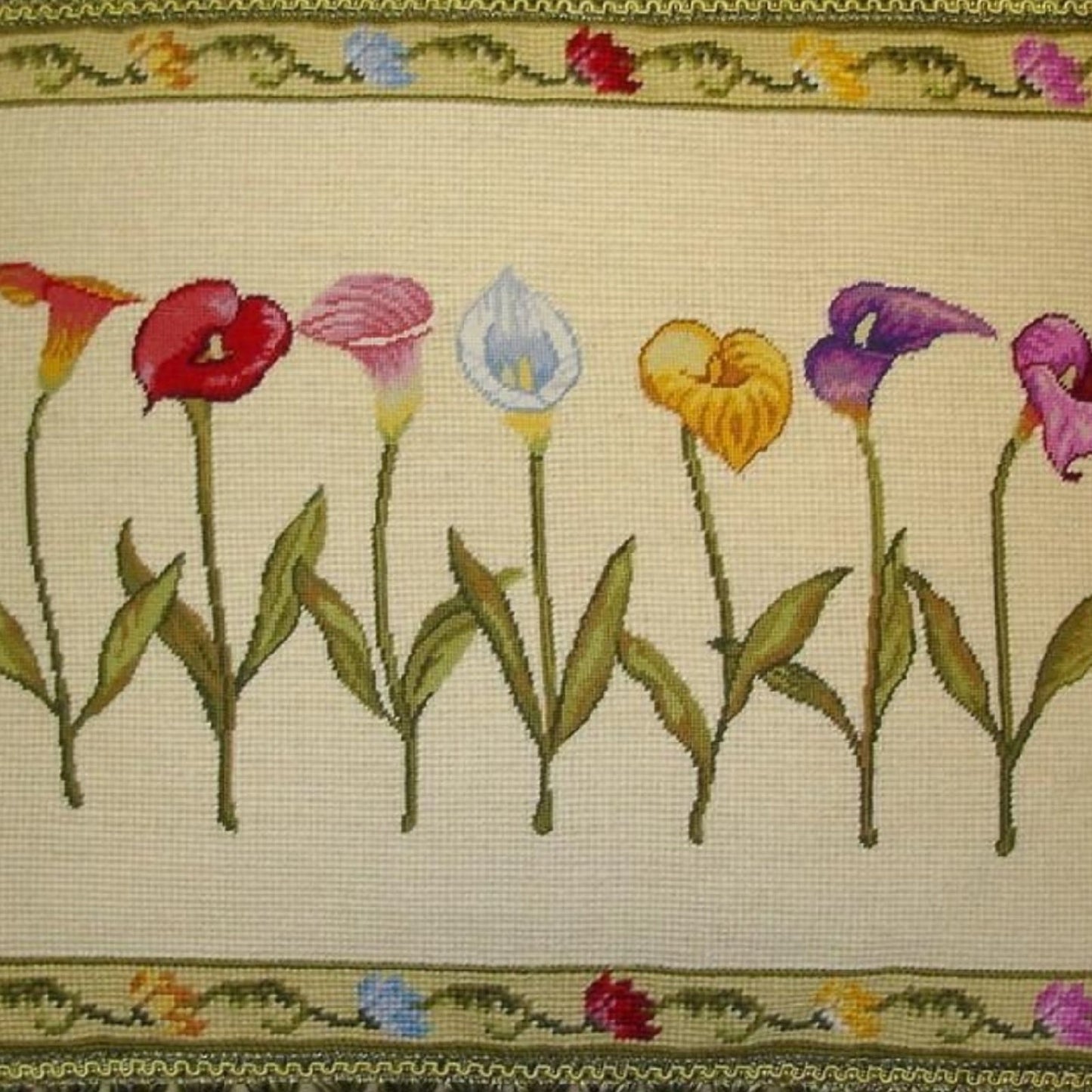 Handmade Wool Needlepoint Pillow Cover - Decorative Throw Cushion Cover - Vintage Floral Embroidery Design with 2 color tassel I