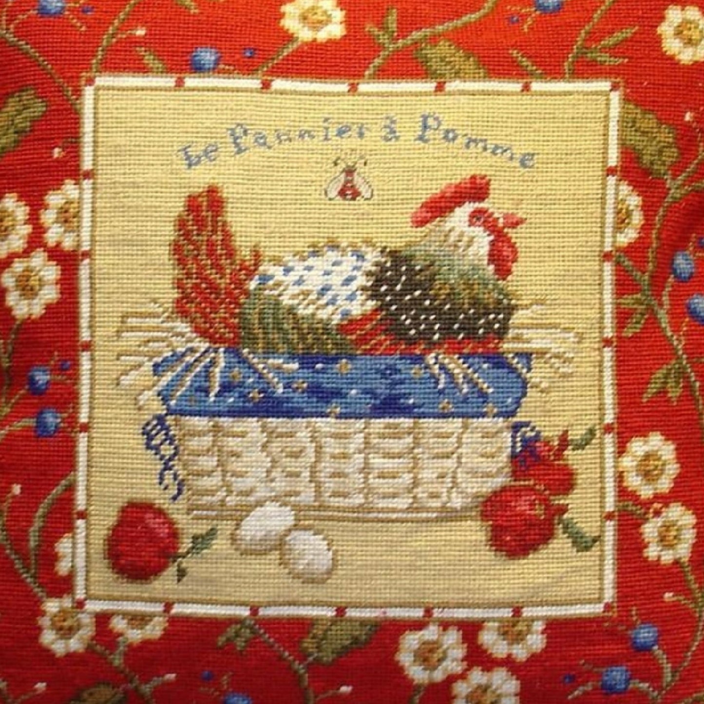 Handmade Wool Needlepoint Pillow Cover - Decorative Throw Cushion Cover - Vintage Floral Embroidery Design SudiMcCollums design Le Panier a Pomme, with bea and 3 color tassel