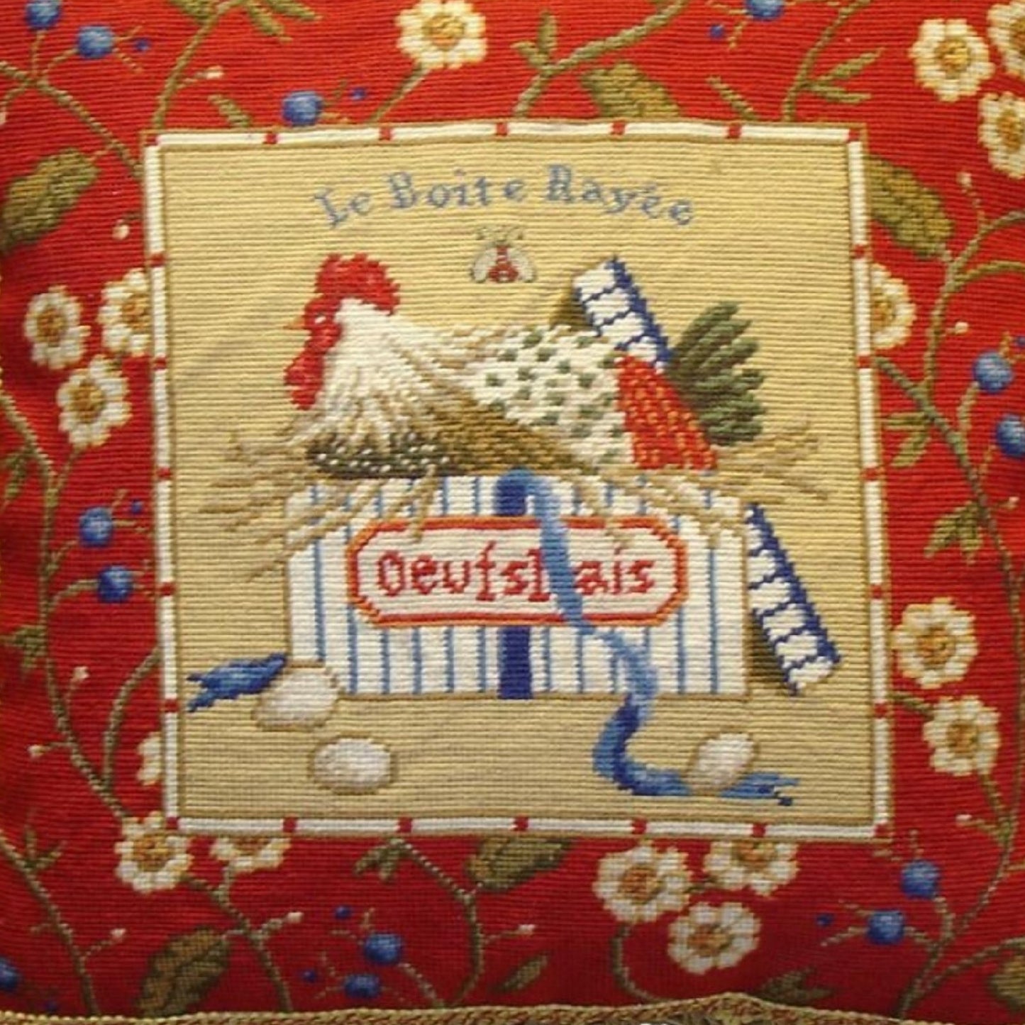 Handmade Wool Needlepoint Pillow Cover - Decorative Throw Cushion Cover - Vintage Floral Embroidery Design Sudi McCollums designLe Boite Rayee with bee and 3 color tassel