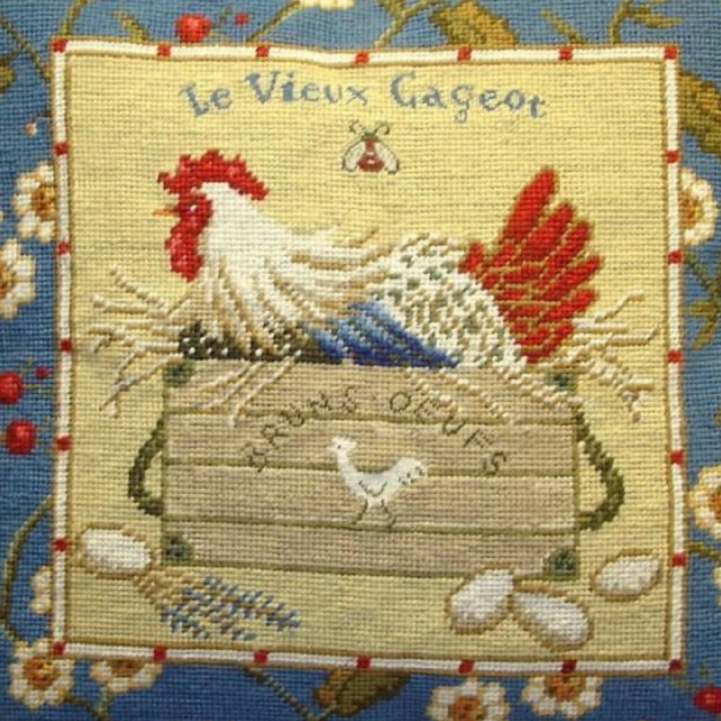 Handmade Wool Needlepoint Pillow Cover - Decorative Throw Cushion Cover - Vintage Floral Embroidery Design Sudi McCollums designLe Vieux Cageot with bee and 3 color tassel
