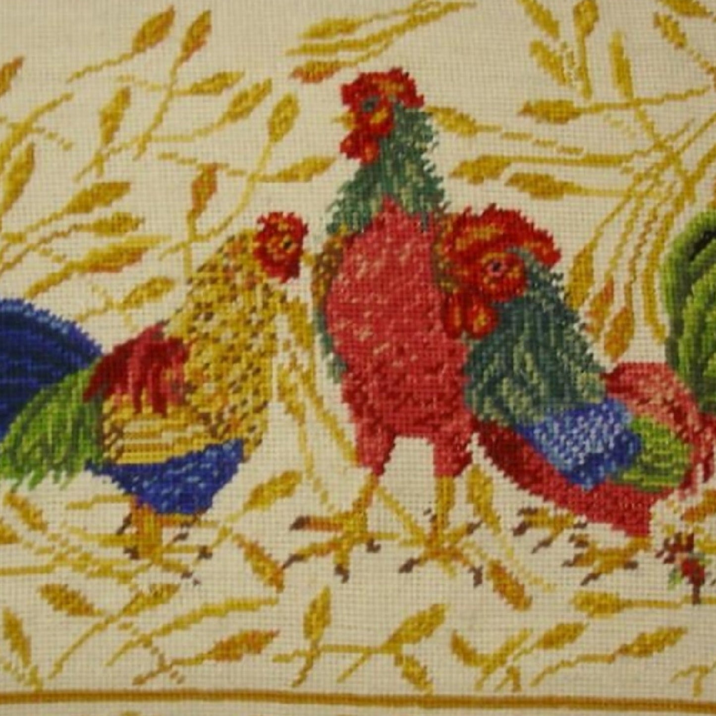 Handmade Wool Needlepoint Pillow Cover - Decorative Throw Cushion Cover - Vintage Floral Embroidery Design 3 roosters Anne Hathaways Design