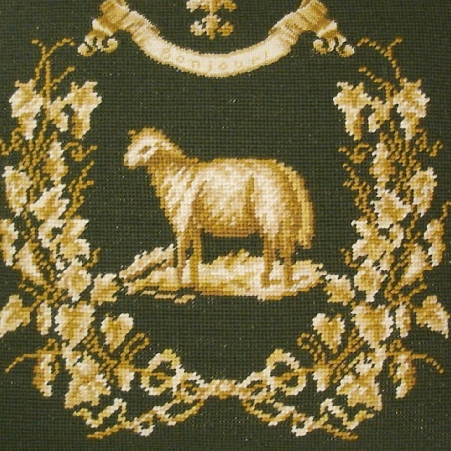 Handmade Wool Needlepoint Pillow Cover - Decorative Throw Cushion Cover - Vintage Floral Embroidery Design Gayle Bighouses Design french country sheep green