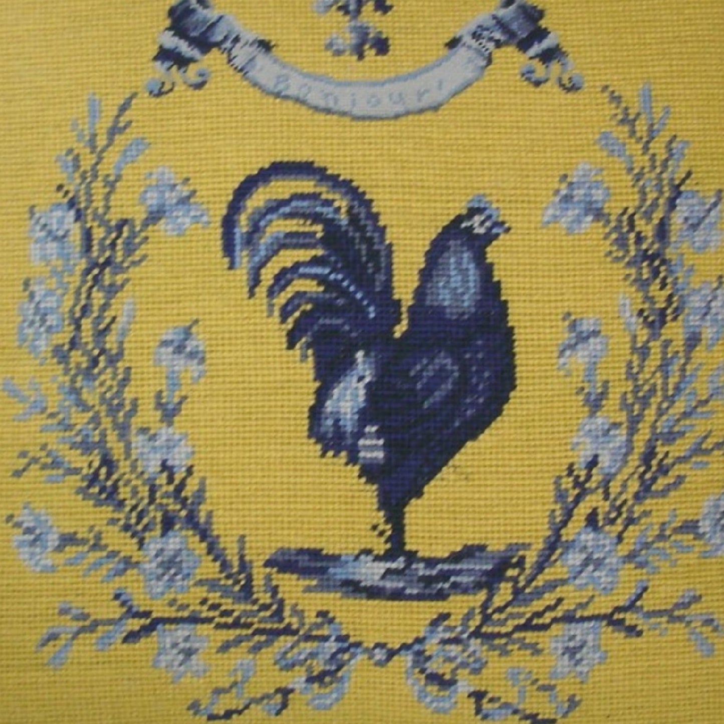 Handmade Wool Needlepoint Pillow Cover - Decorative Throw Cushion Cover - Vintage Floral Embroidery DesignGrosspoint yellow/blue Rooster with cording