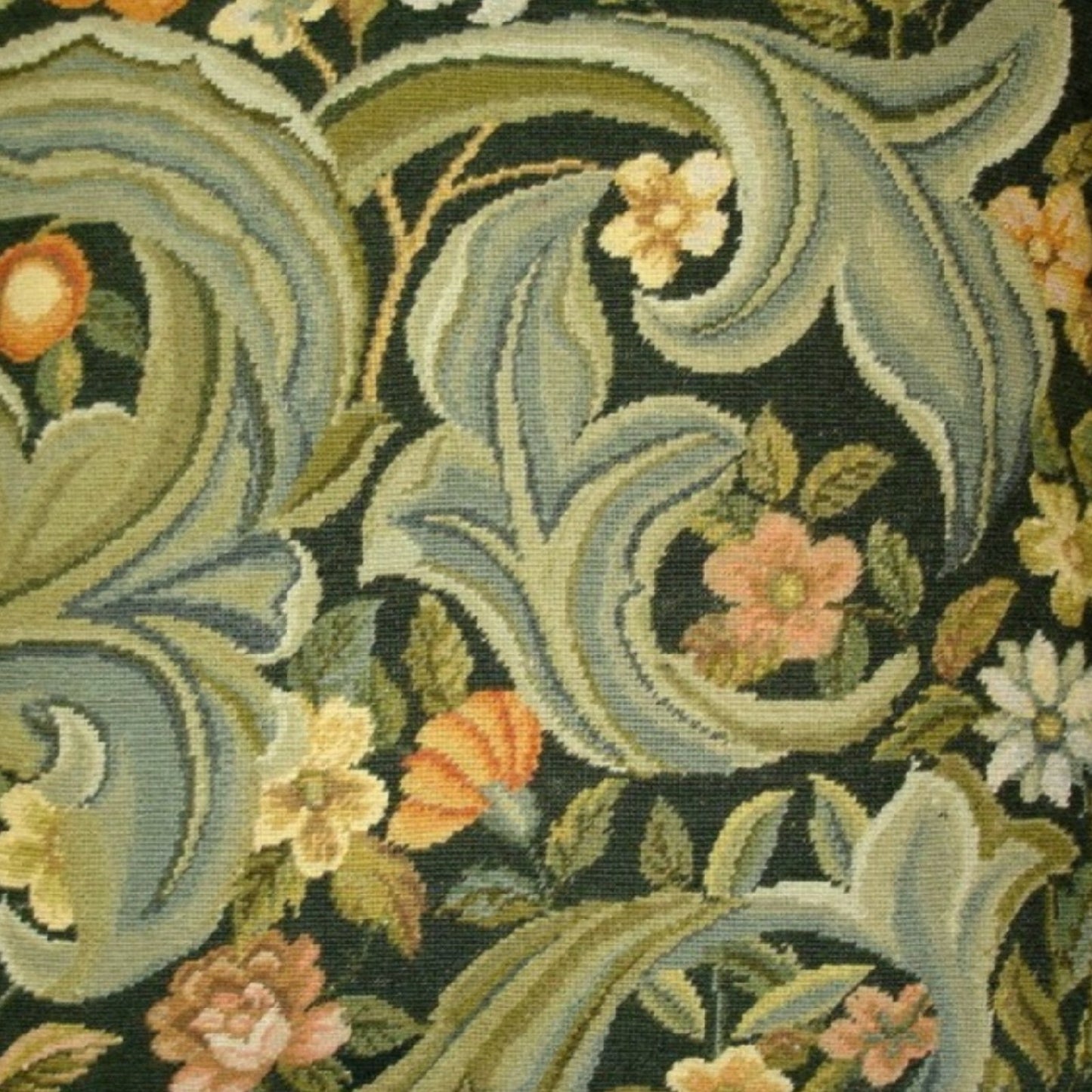 Handmade Wool Needlepoint Pillow Cover - Decorative Throw Cushion Cover - Vintage Floral Embroidery Design All William Morris Old World leafs & flowers with nature tassels