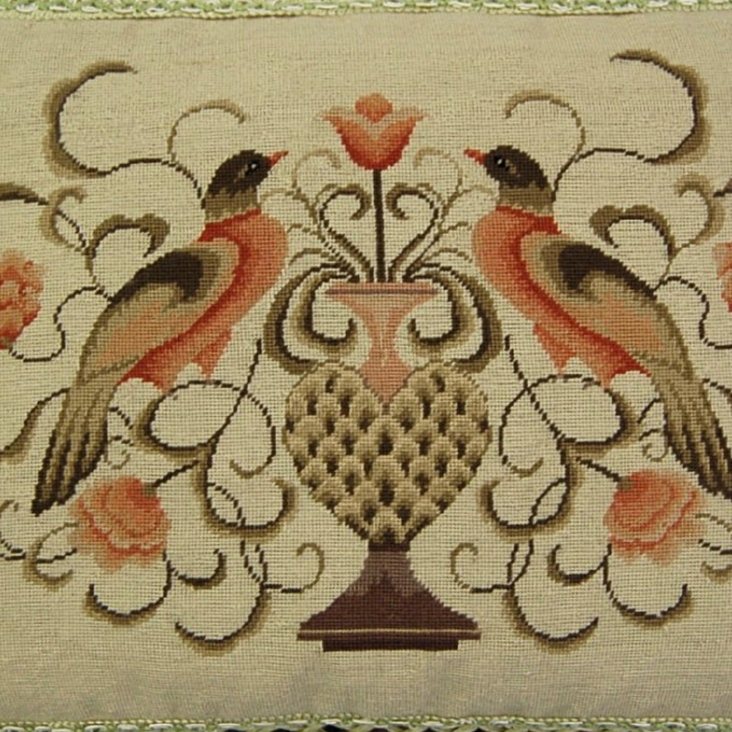 Handmade Wool Needlepoint Pillow Cover - Decorative Throw Cushion Cover - Vintage Floral Embroidery Design 2 birds with 2 color tassels
