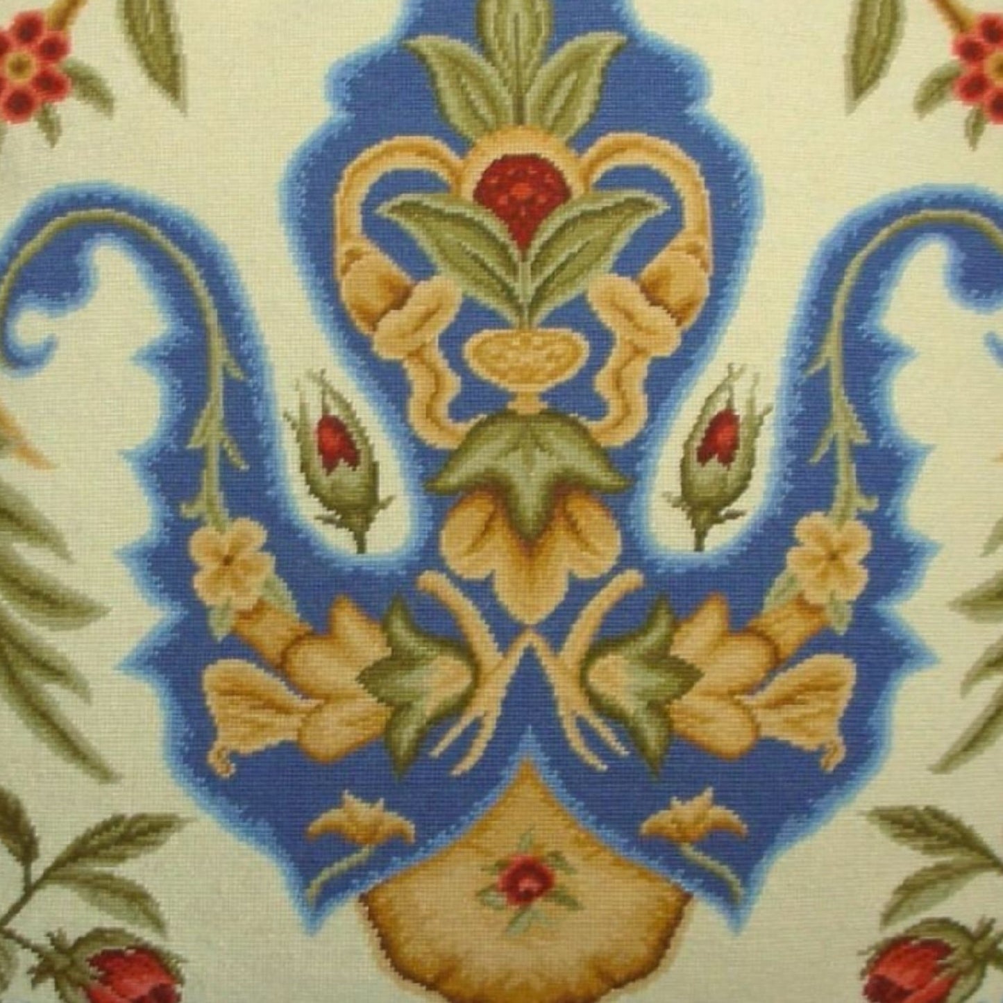 Handmade Wool Needlepoint Pillow Cover - Decorative Throw Cushion Cover - Vintage Floral Embroidery Design blue tulip red roses with tassels
