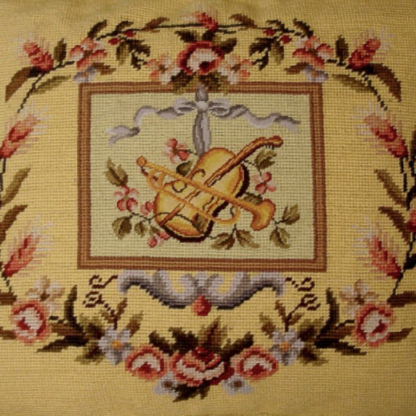 Handmade Wool Needlepoint Pillow Cover - Decorative Throw Cushion Cover - Vintage Floral Embroidery Design big Viola and Trumpet background