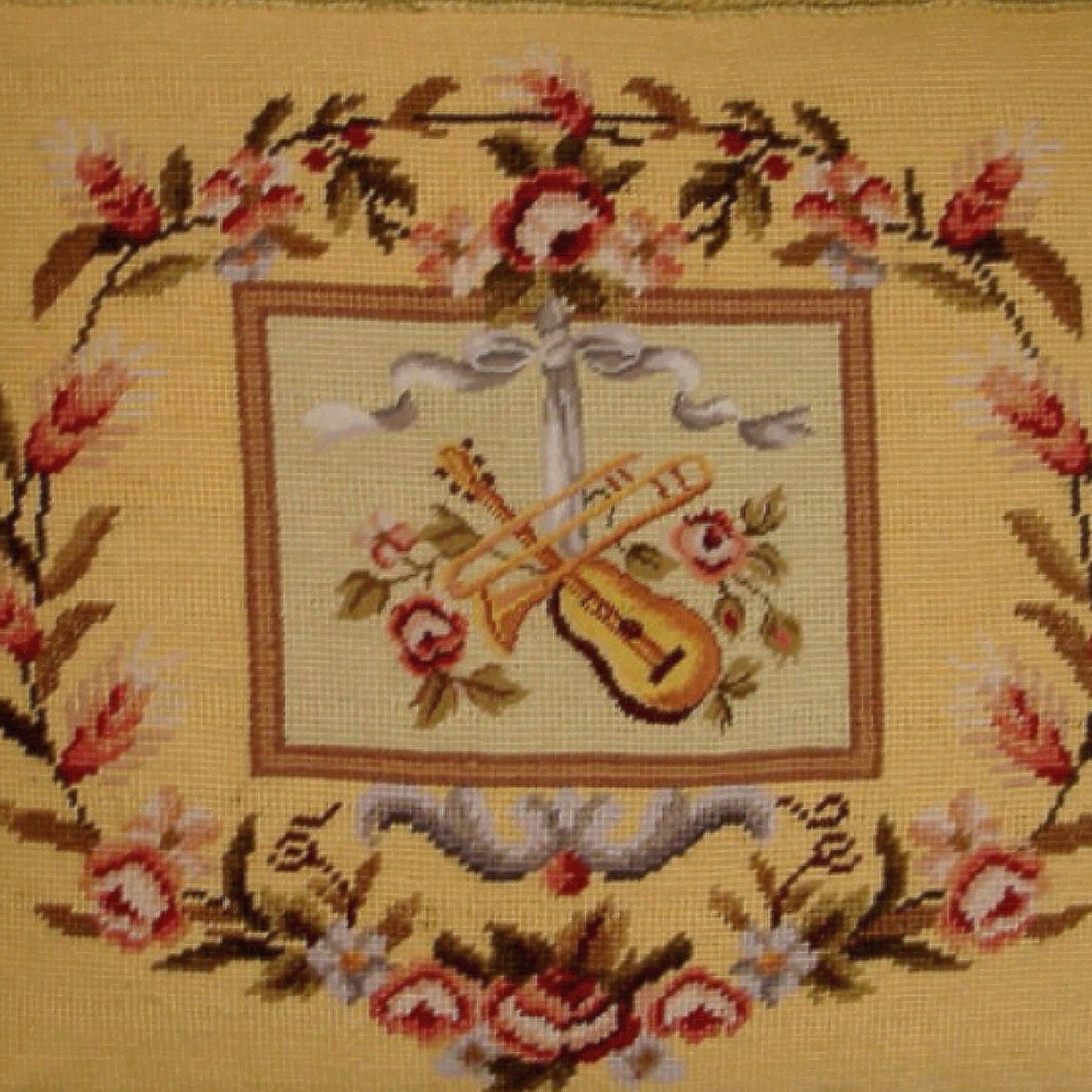 Handmade Wool Needlepoint Pillow Cover - Decorative Throw Cushion Cover - Vintage Floral Embroidery Design Violin background