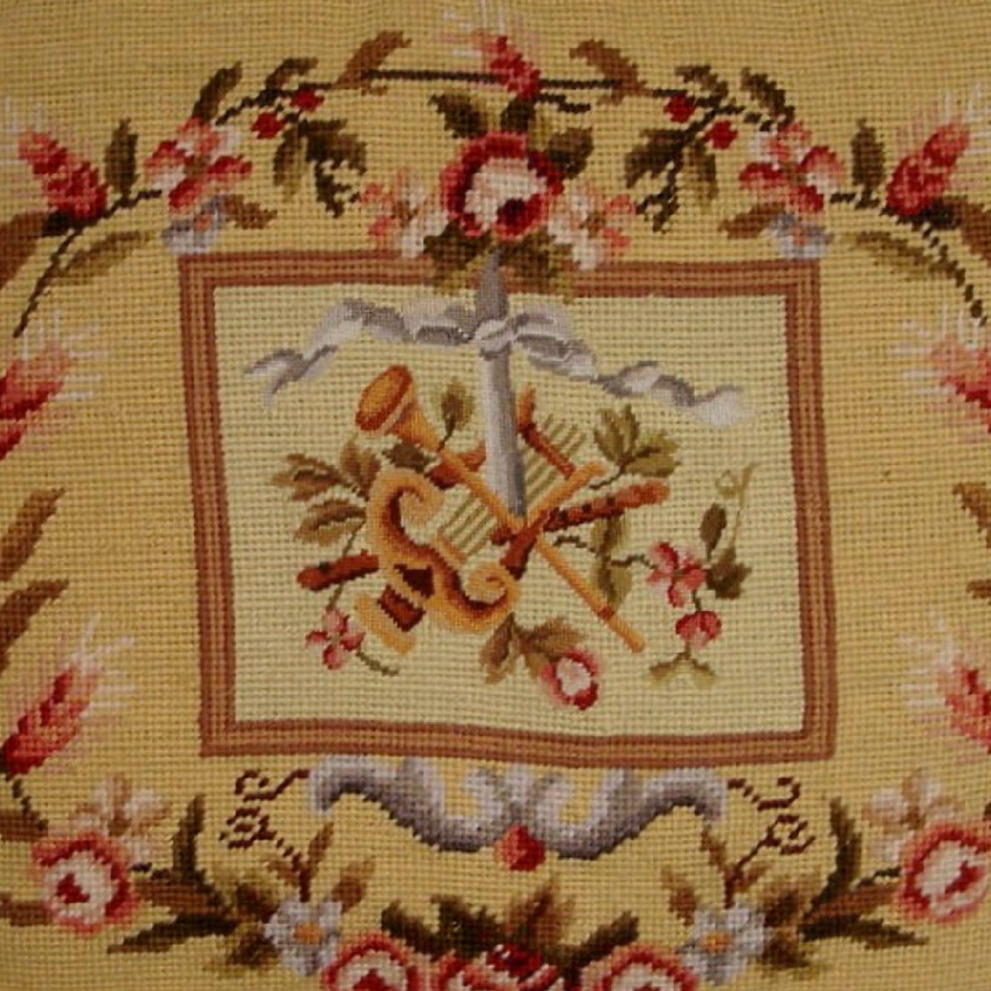 Handmade Wool Needlepoint Pillow Cover - Decorative Throw Cushion Cover - Vintage Floral Embroidery Design Harp background
