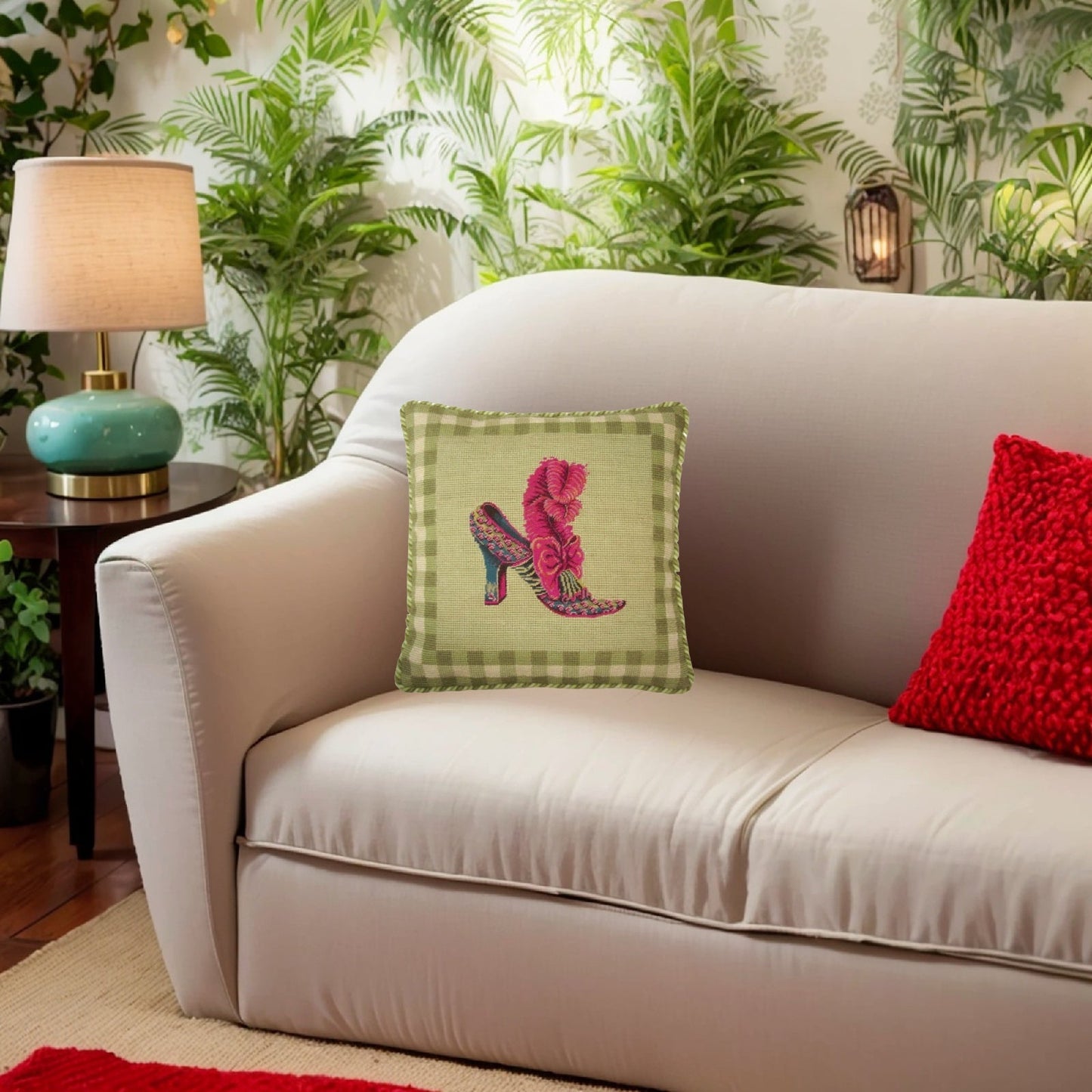Handmade Wool Needlepoint Pillow Cover - Decorative Throw Cushion Cover - Vintage Floral Embroidery Design feather shoe with green background 2 color cording
